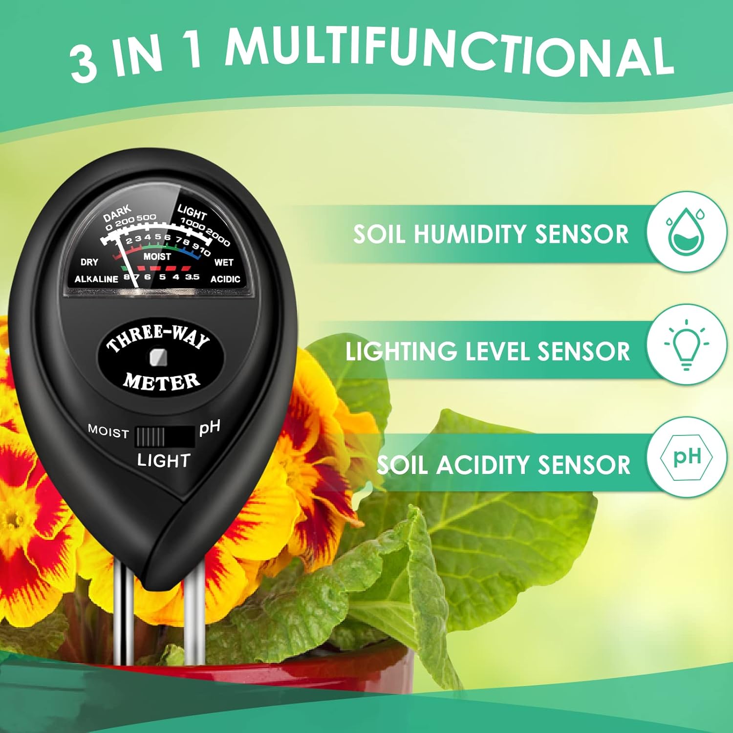 Soil pH Meter, 3-in-1 Soil Test Kits with Moisture,Light and PH Tester for Garden, Farm, Plant, Outdoor, Indoor, Lawn Care, Water Soil, Soil Hygrometer Sensor for Gardening, Indoor & Outdoor Plants : Patio, Lawn & Garden