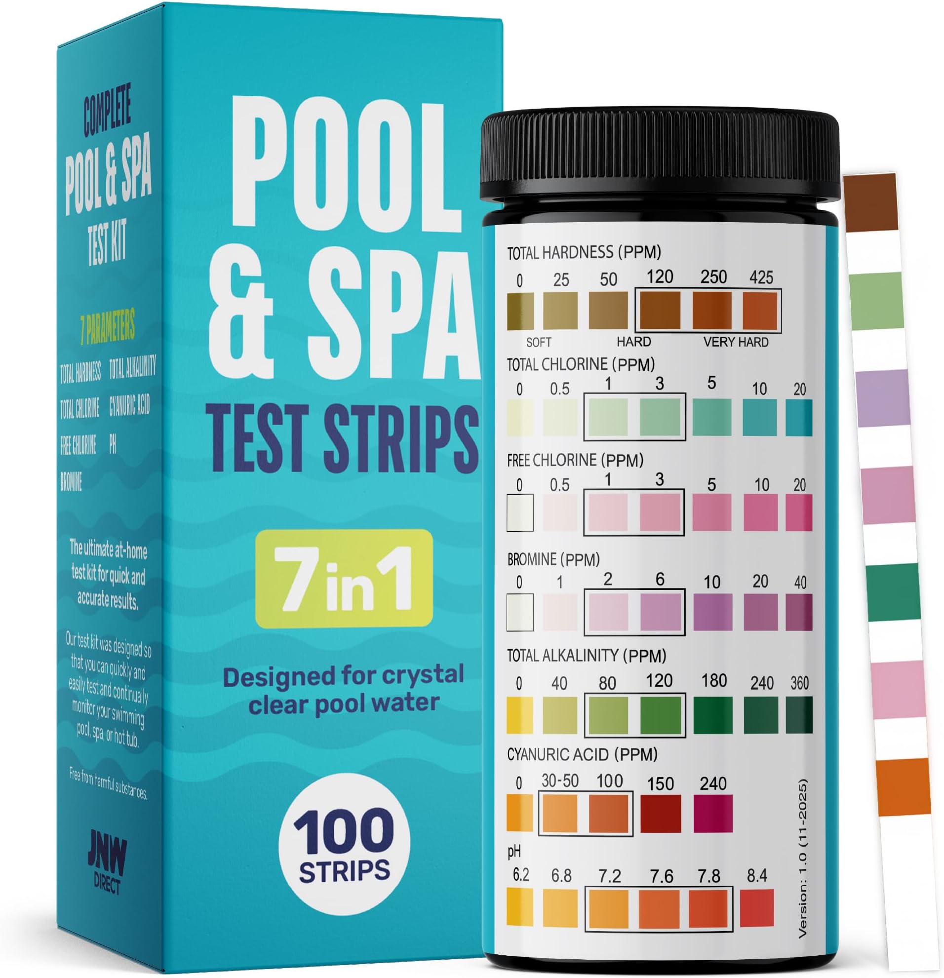 Pool Test Strips, Quick & Accurate Pool and Spa Test Strips, Pool Water Test Kit - Chlorine, Bromine, pH, Hardness, Alkalinity, Pool Water Tests, Spa and Hot Tub Test Strips - JNW