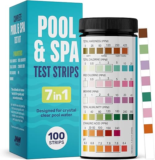 7-Way Pool Test Strips, 100 Quick & Accurate Pool and Spa Test Strips, Pool Water Test Kit – Chlorine, Bromine, pH, Hardness, Alkalinity, Pool Water Tests, Spa and Hot Tub Test Strips with Ebook – JNW