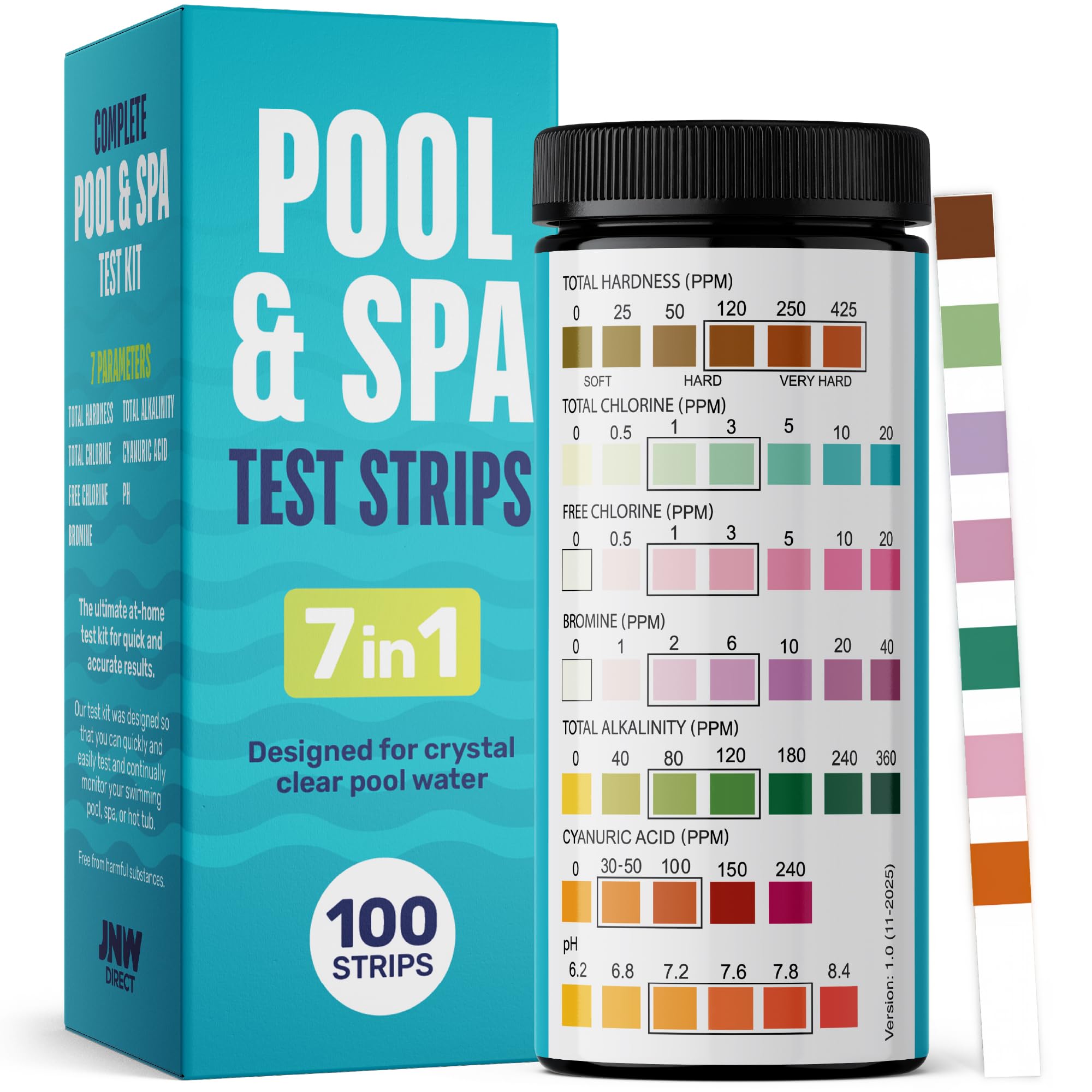 JNW Direct Pool and Spa Test Strips - 100 Strip Pack, Test pH, Chlorine, Bromine, Hardness and More, Accurate 6-in-1 Swimming Pool Water Testing-image-31