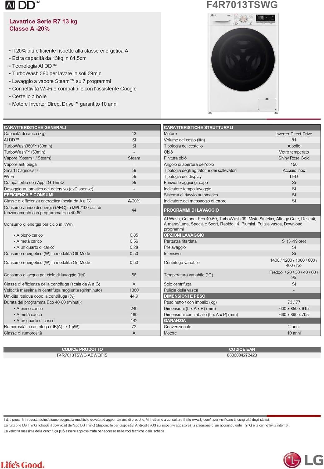 LG AI DD F4R7013TSWG Lavatrice 13kg, a Carica Frontale, Serie R7, Lavatrice Classe A -20%, 1400 giri, TurboWash 360, Vapore su 7 Programmi, Wi-Fi, Inverter Direct Drive, Libera installazione, Bianco