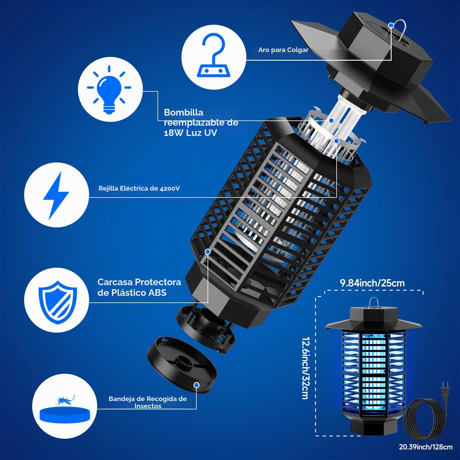 Lámpara Antimosquitos Eléctrica 4200V 18W UV Mata Mosquitos Eléctrico Silenciosa e Impermeable IPX4,Matamoscas Eléctrico Atrapa Mosquitos y Moscas,Repelente Mosquitos Eficaz para Hogar,Jardín Terraza