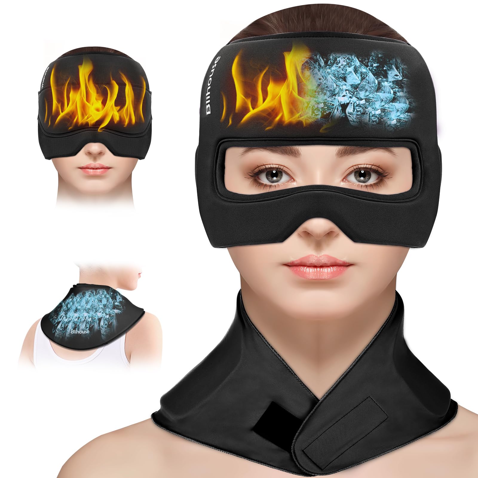 Blihouse 3-in-1 Migraine Relief Cap with Gel Eye Mask & Neck Ice Pack, Hot & Cold Therapy for Headaches, Sinus, Puffy Eyes, Reusable Headache Relief