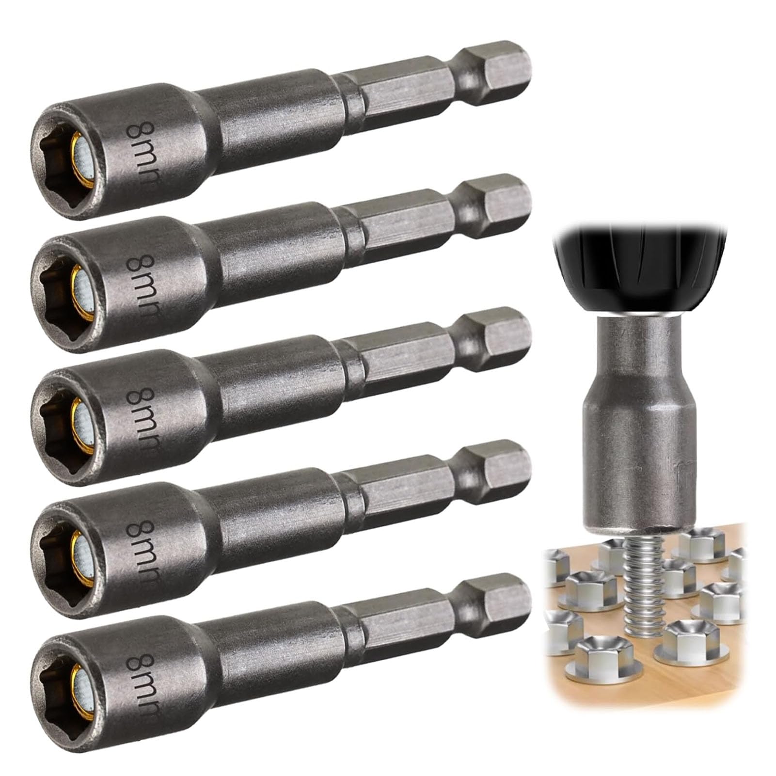 5Pcs 1/4" Hex Shank 8mm Magnetic Nut Setter Driver Drill Bit Set, Quick-Change 65mm Length Metric Socket Bits for Impact Tools Electric Screwdriver Auto Repair Woodworking Machine Maintenance
