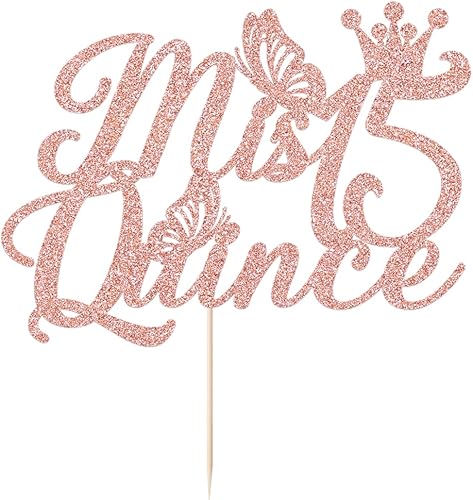 Miniatura 6 de Kaoenla Mis membrillo 15 para tartas dorado con purpurina para cumpleaños 15, saludos a los 15 años, quinceañera de 15, decoraciones de feliz