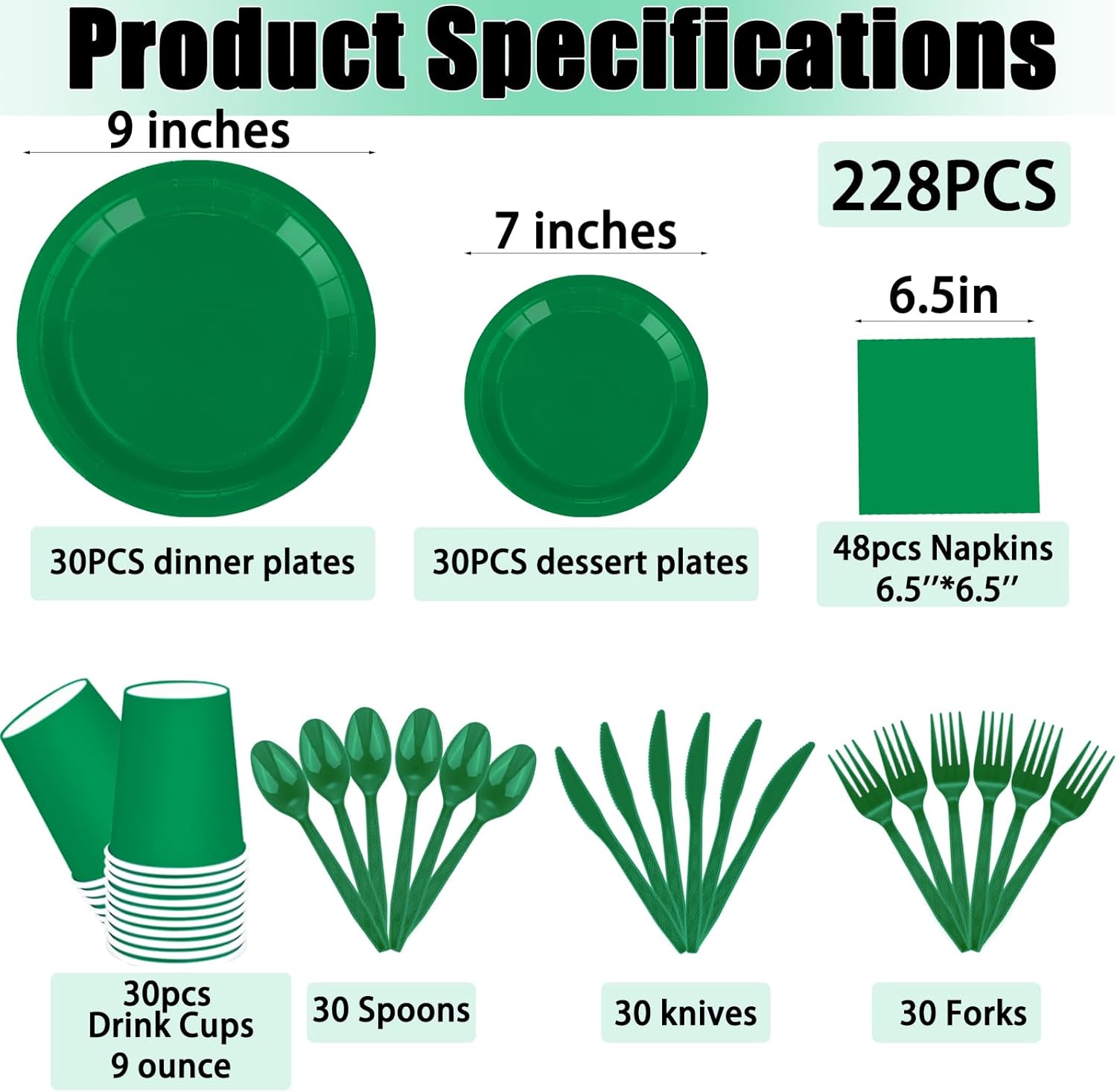TWOWYHI 228PCS Green Party Supplies Set Include Paper Plates Cups Paper Napkins Plastic Spoons Forks Knives for 30 Guests Disposable Party Dinnerware for Birthday Wedding Family Picnic - Image 2