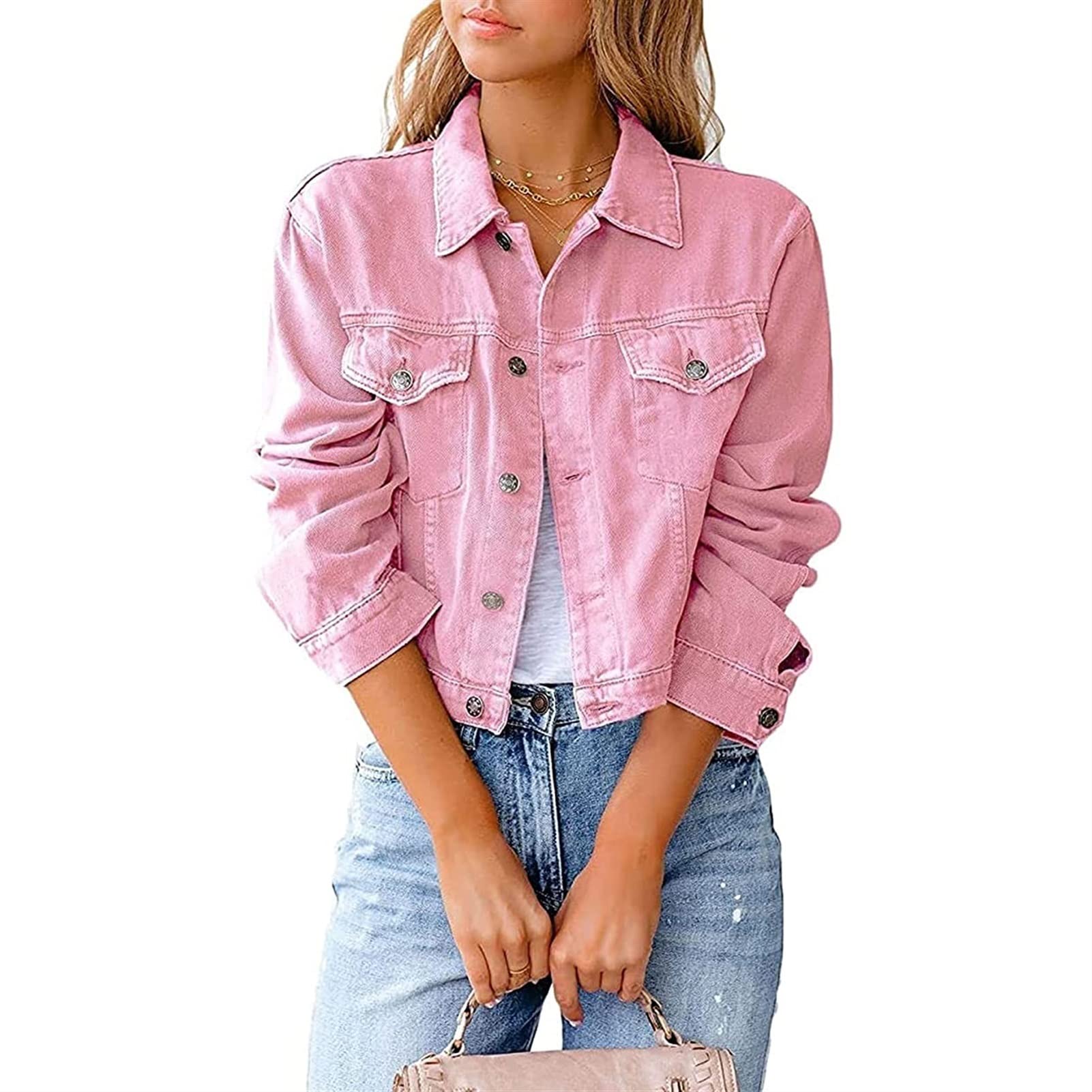 Ladies Jacket Pink Jean Jacket Cropped Cropped Denim Dusty Pink