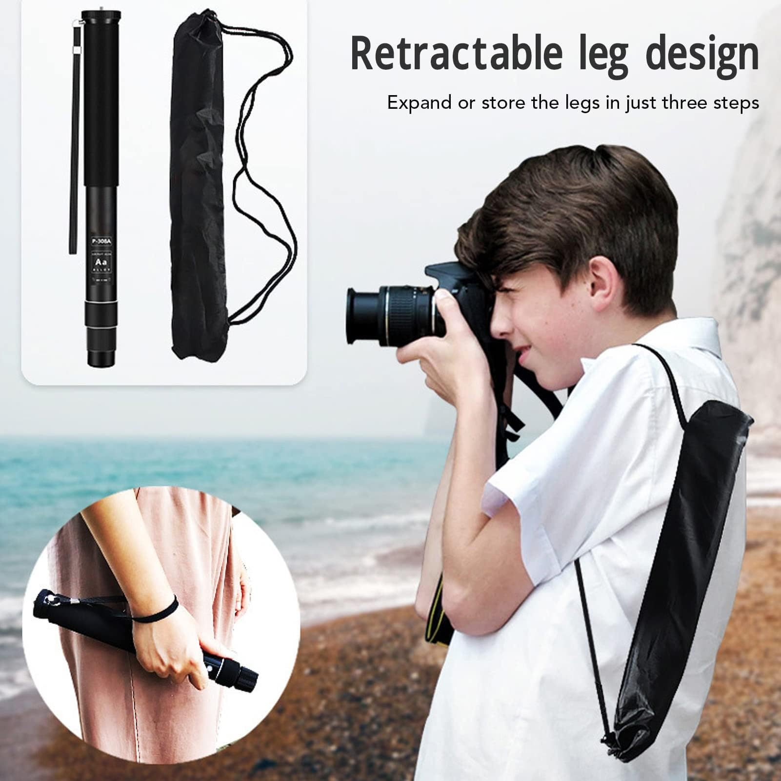 Monopié Retráctil de 63 Pulgadas, Cámara de Aluminio Portátil, monopié Ligero para Fotografía con Bolsa de Transporte, Funda de Esponja, Barra de Extensión para Cámara de Teléfono