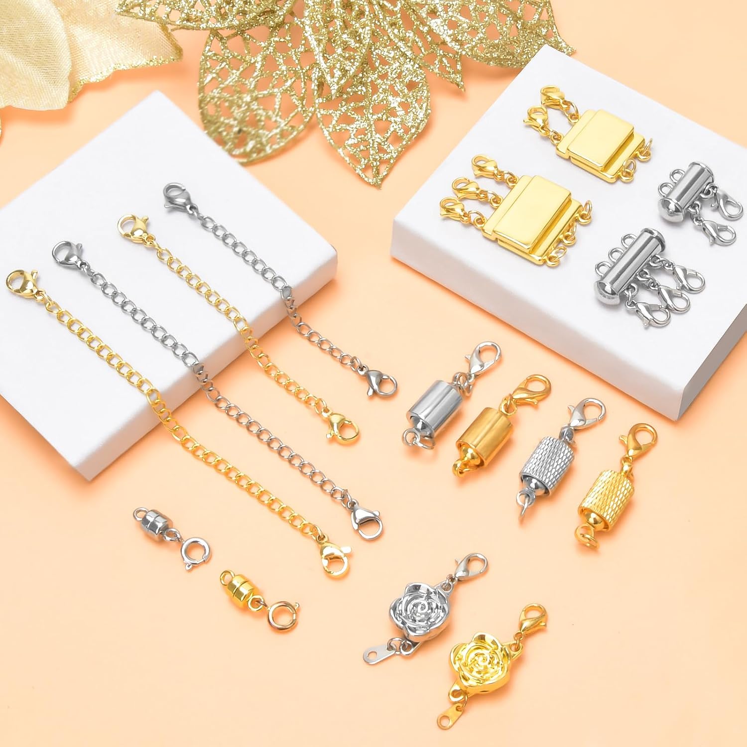 16 Pcs Magnetic Jewelry Clasps and Necklace Layering Clasp Necklace Extenders Gold Silver,Multiple Sizes and Styles Chain Extenders Magnetic Clasps for Jewelry Necklace Bracelet