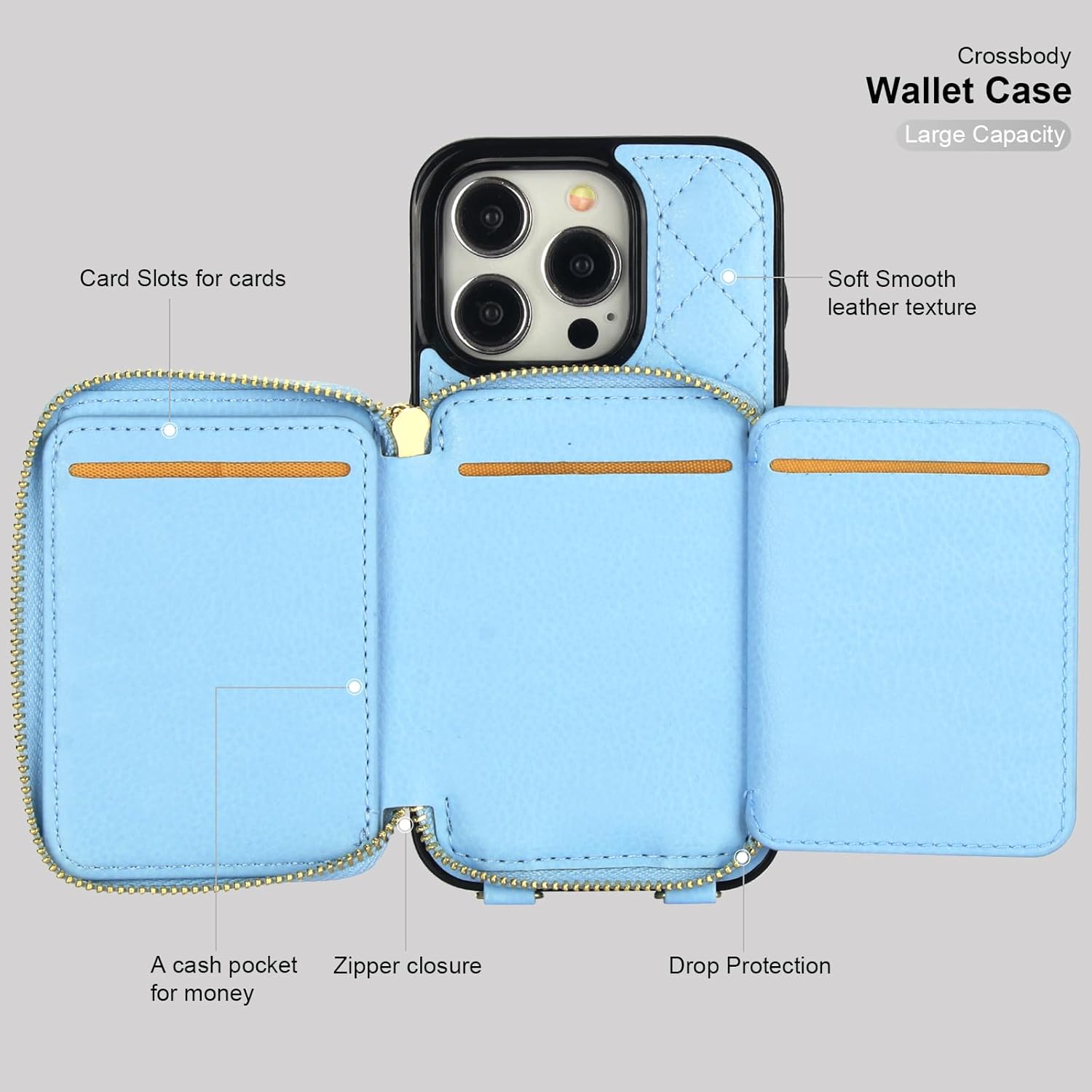 Bocasal Crossbody Wallet Case for iPhone 15 Pro, RFID Blocking PU Leather Zipper Handbag Purse Flip Cover, Kickstand Folio Case with Card Slots Holder Wrist Strap Lanyard 5G 6.1 Inch (Blue)