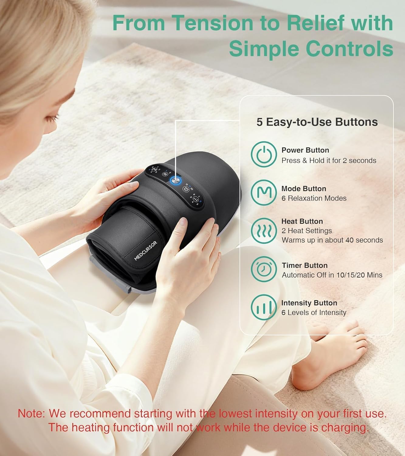 medcursor cordless hand massager - hand massager with heat and compression, hand warmer with acupressure beads, 6 massage modes, 2 heat levels, 3 timers grey