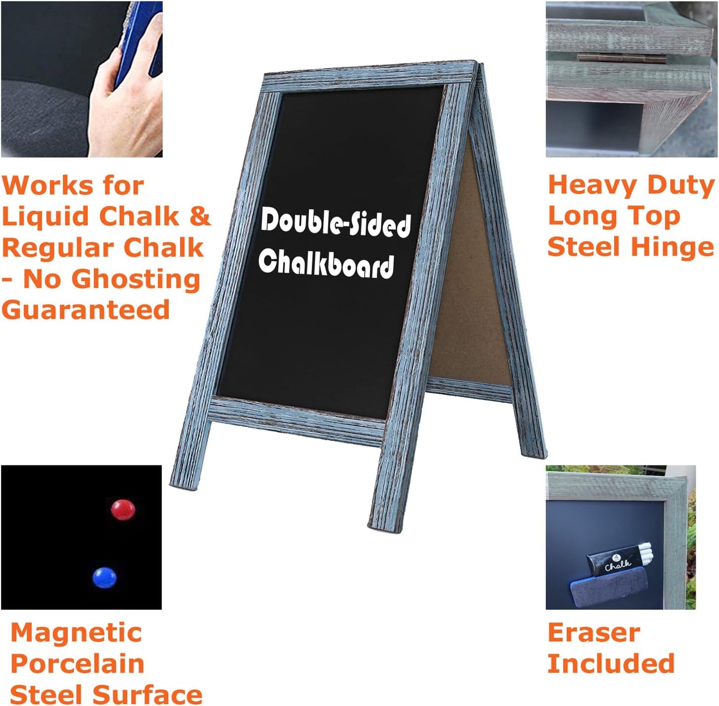 Tektrum Large Sturdy Vintage Rustic Wood Magnetic Double-Side Sidewalk A-Frame Sandwich Chalkboard Sign Board 20"x40", Free Standing, Easy Erase Writing Surface, for Shops Pubs - Rustic Blue Finish