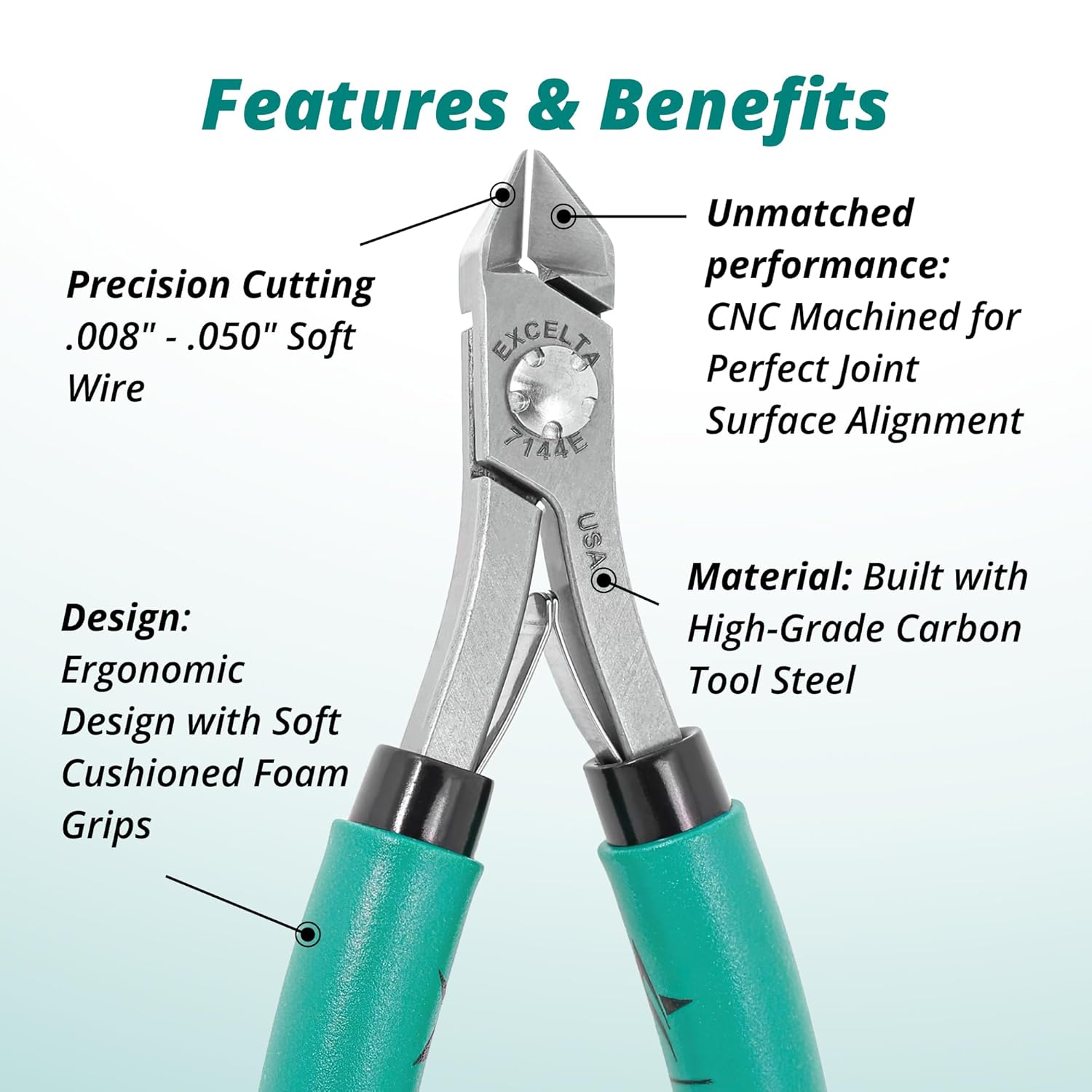 Excelta 7140E Medium Oval Head Semi-Flush Cutters, Lazer Line, Carbon Tool Steel, Soft Wire Cutting Up to .050" Diameter, CNC Machined, 5.75" Length, Made in USA