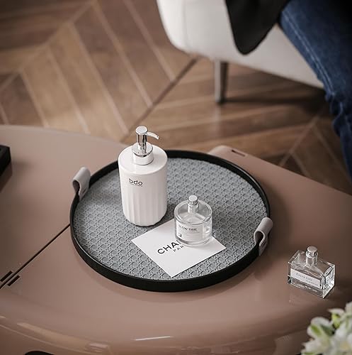 Miniatura 4 de Bandeja redonda de madera de 11.8 pulgadas con patrón de tejido de cuero, bandeja decorativa para servir con asas, bandeja otomana retro de lujo