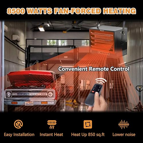 Miniatura 5 de Calentador eléctrico de garaje de 8500 W, 240 V para montaje en techo con control remoto de función completa, calentadores de garaje forzados por