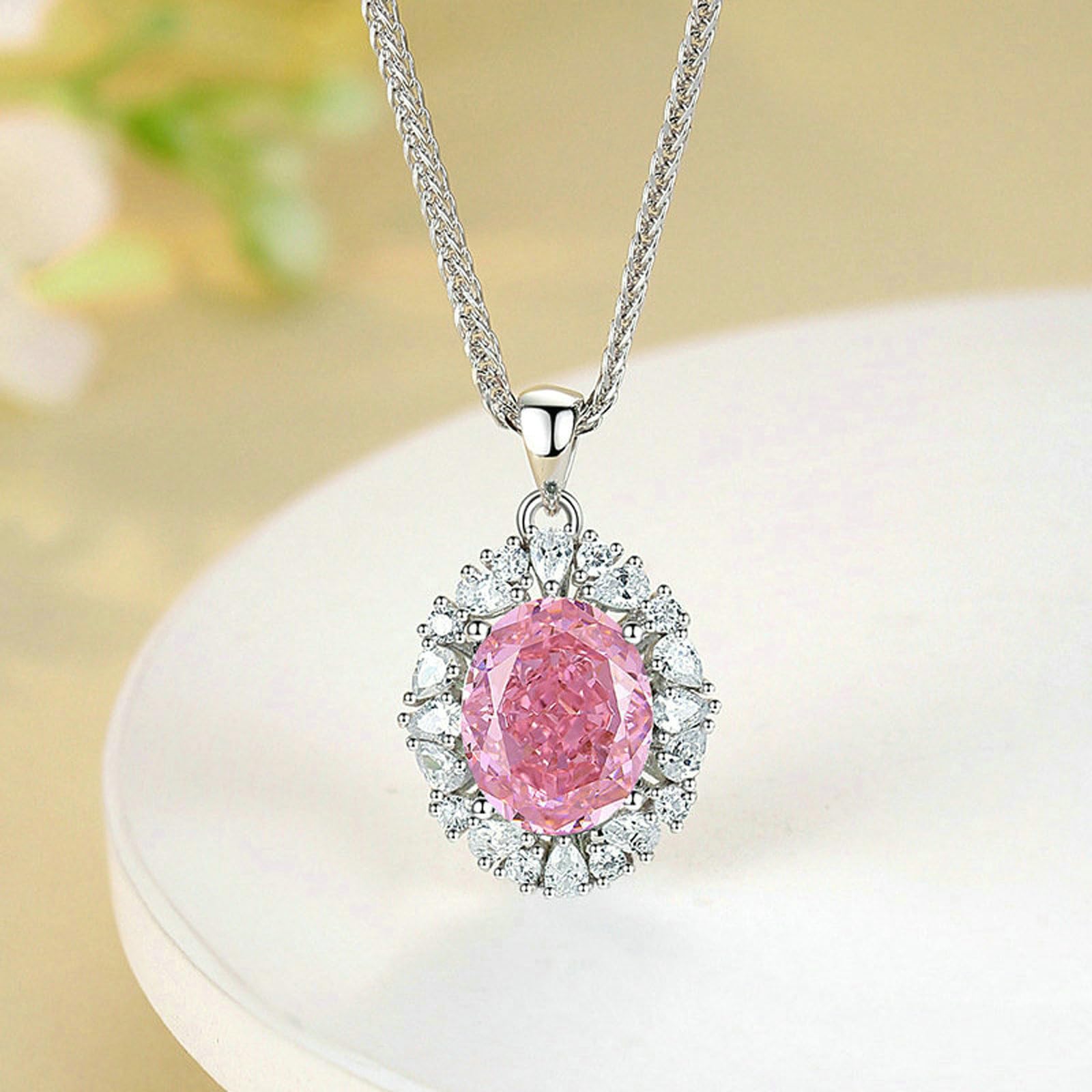 Collana con ciondolo da donna in oro bianco 585, ciondolo a forma di fiore con 4 carati, ovale, rubino e smeraldo, rosa zaffiro citrino e moissanite, collana da donna, 45 cm, senza nichel