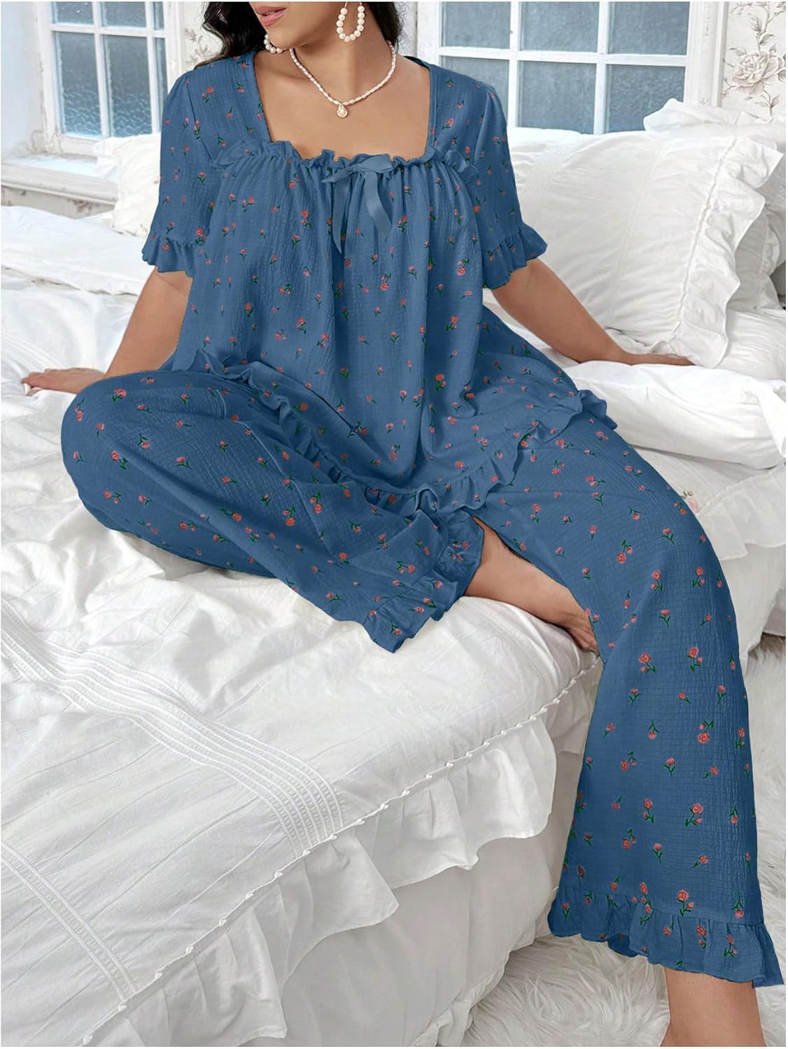 OYOANGLE Women's Plus Size Pajama Set Floral Short Sleeve Sleepwear Ruffle Pants 2 Piece Pjs Lounge Set - Image 4