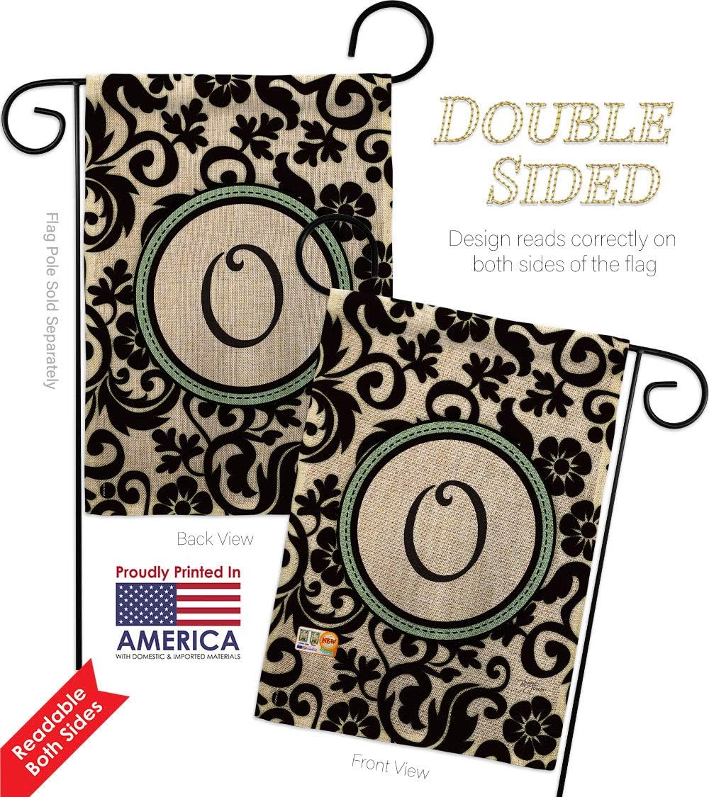 Damask O Initial Garden Flag Set Wall Holder Monogram Country Living Floral Vintage Letter Everday Classic Small Decorative Gift Yard House Banner Double-Sided Made In USA 13 X 18.5