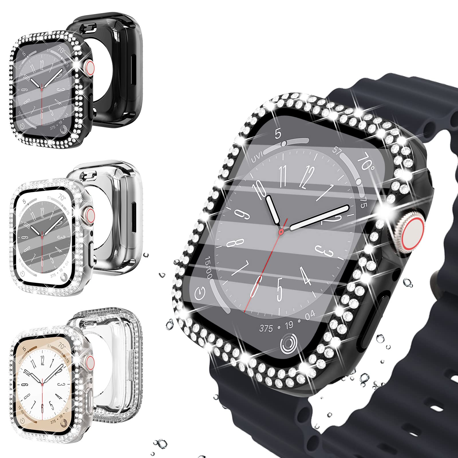 WINGLE Compatible with Apple Watch Screen Protector 44mm SE 3 2 1/ Series 6 5 4, Women Shiny Diamond Cover with Tempered Glass Screen Protector for Apple Watch Case 44mm,Clear — view 23