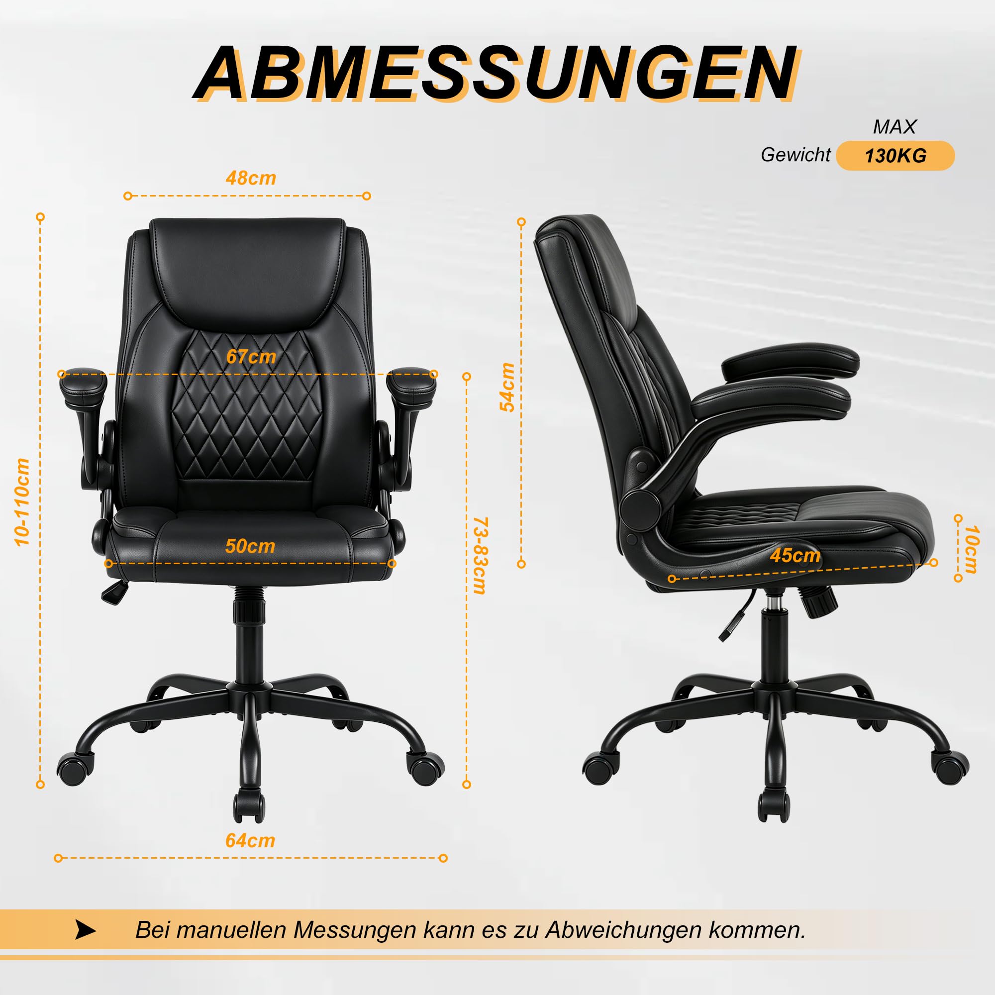 Andyou ergonomischer Bürostuhl – höhenverstellbar, Rückenlehne 17° neigbar, 90° klappbare Armlehnen, atmungsaktives PU-Leder, Drehsessel mit Rollen, belastbar bis 130 kg, schwarz
