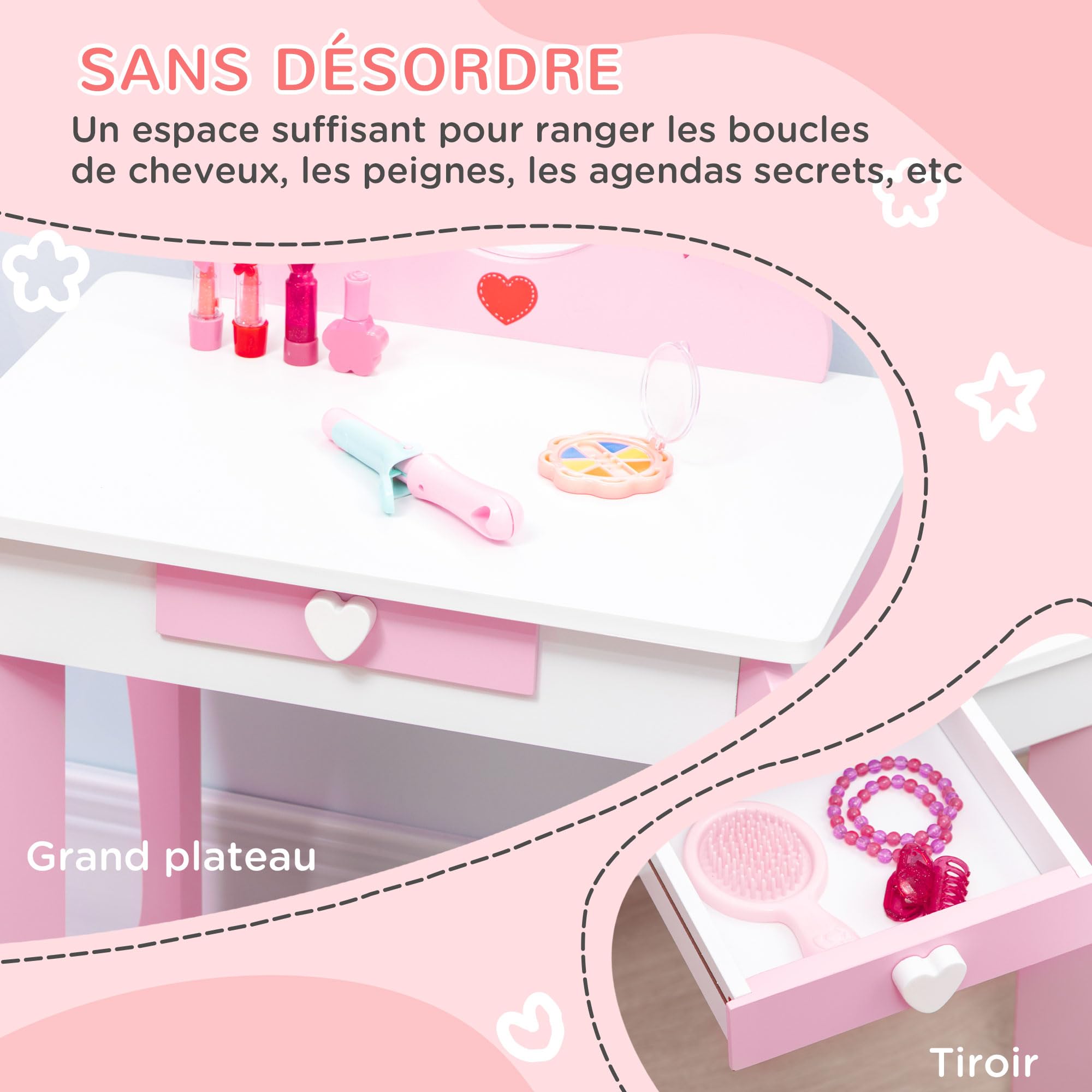 ZONEKIZ Coiffeuse Enfant de 3 à 6 Ans Table de Maquillage avec Tabouret Miroir et tiroir 50 x 36,5 x 89,5 cm Rose
