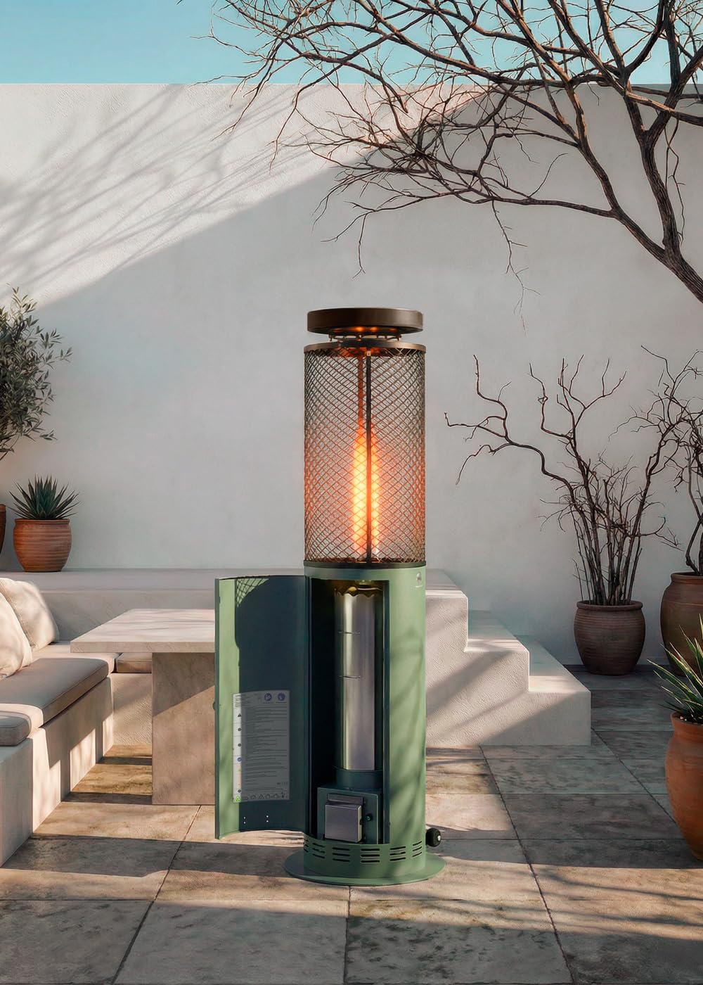 CREATE/FIRE ROUND PELLET HEATER/Estufa de exterior de pellets sin humo verde sage/Libre de humos, control de la llama, cobertura 9m2, consumo 3 horas y media, 17.5 kW