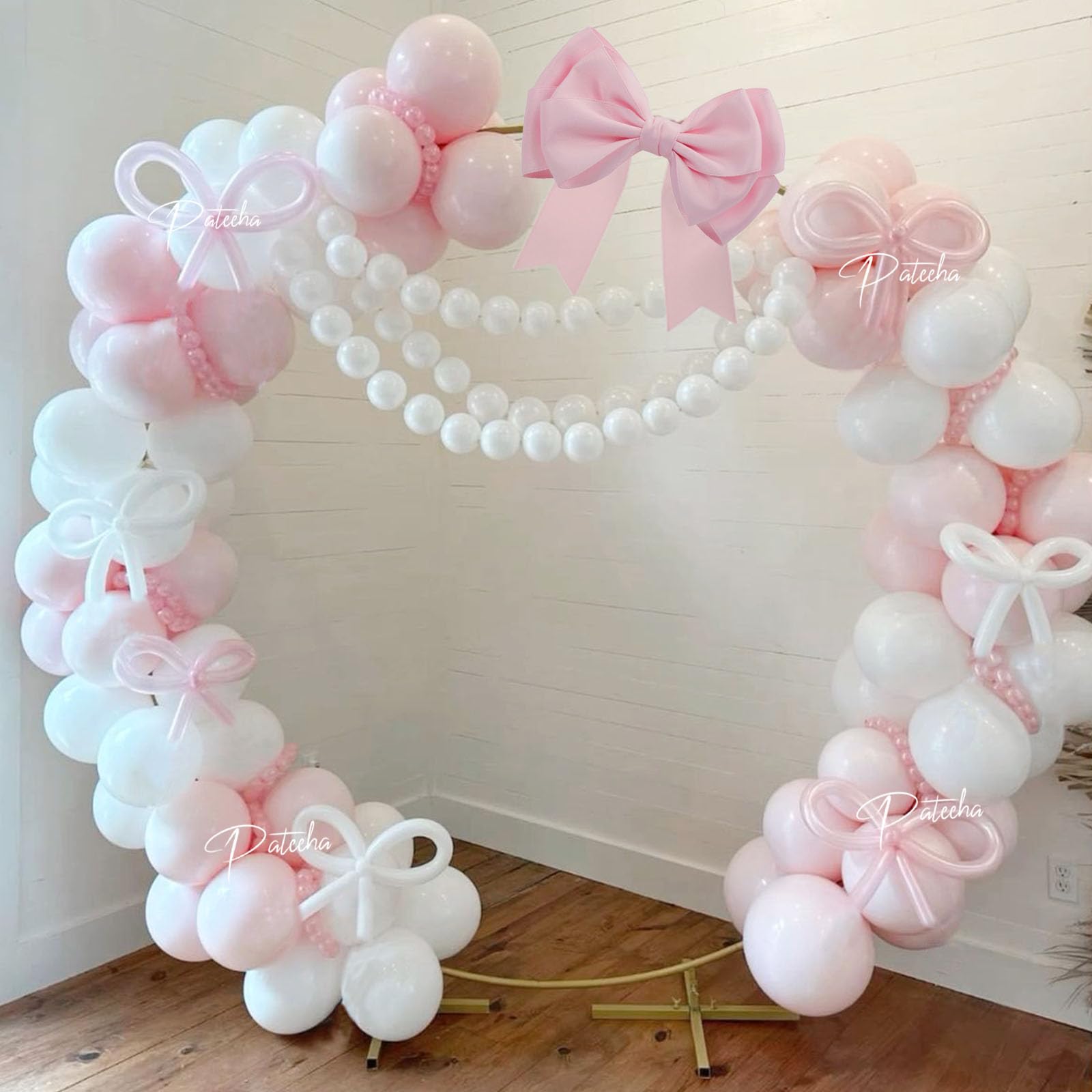 Pateeha Pink Bow Balloon Arch Kit 155pcs Coquette Birthday Decorations Bow Pink and White Balloons Garland for Bridal Shower Bachelorette Baby Shower Decorations Girl