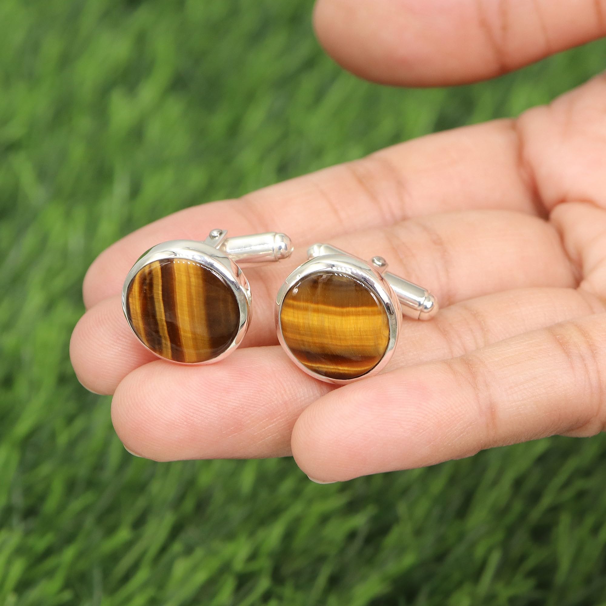 Gemelli in argento Sterling, gemelli per testimoni dello sposo, gemelli con occhio di tigre, gemelli con pietre preziose, gemelli da uomo, gemelli rotondi con pietra preziosa occhio di tigre, medio,