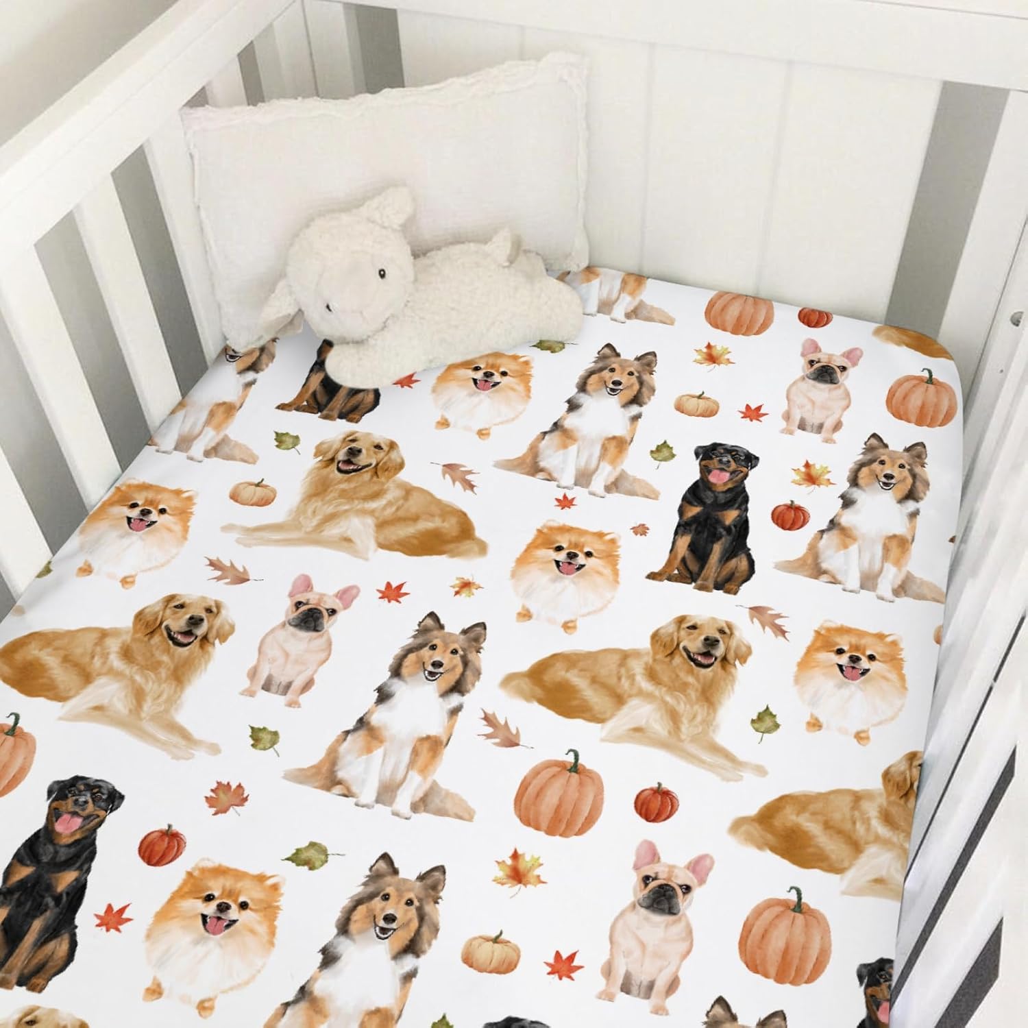 Watercolor Dogs Fall Pumpkins Leaves Baby Crib Sheet 52''x28'' Fitted Crib Mattress Cover Sheet for Boy Girl Dogs Lovers Gift Soft Nursery Bed Sheet for Standard Crib Toddler Mattress