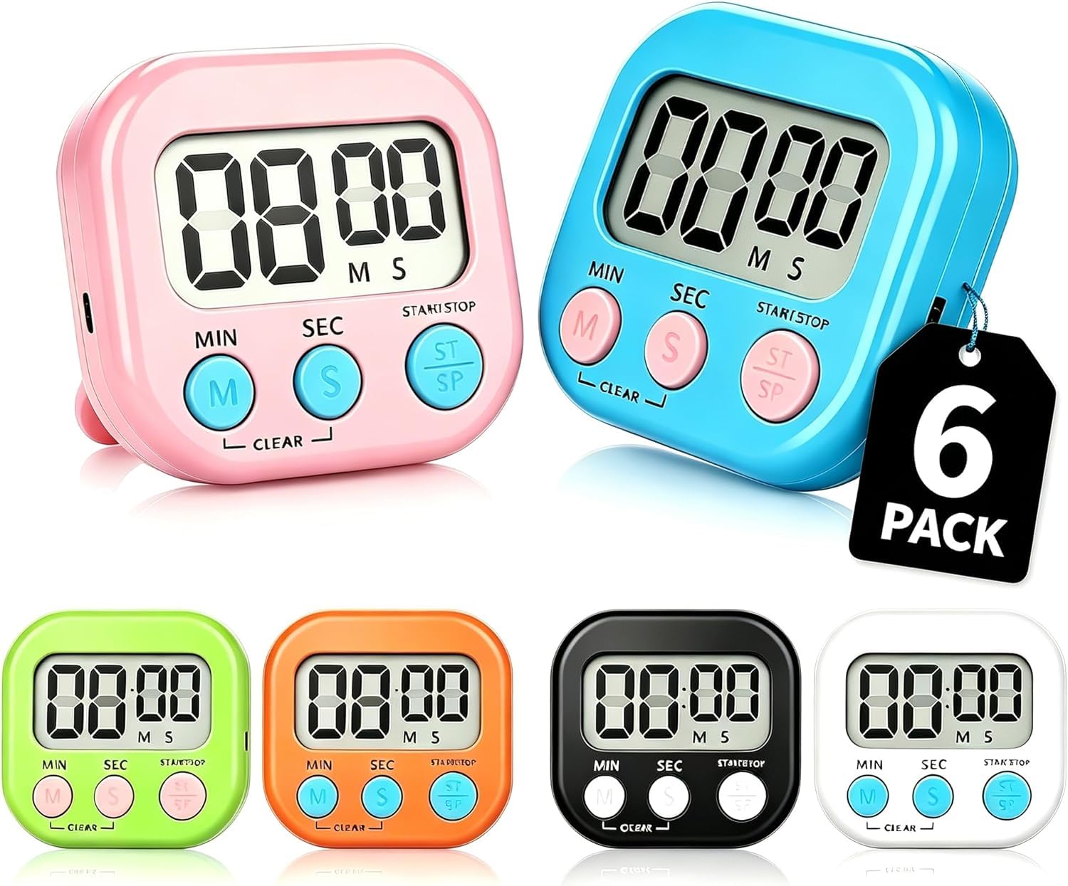 Digital Kitchen Timer, Magnetic Countdown Timer for Kids, Egg Timers for Cooking, Boiling Eggs, Ideal for Kitchen, Study, Work, Exercise, Classroom (6 Pack)