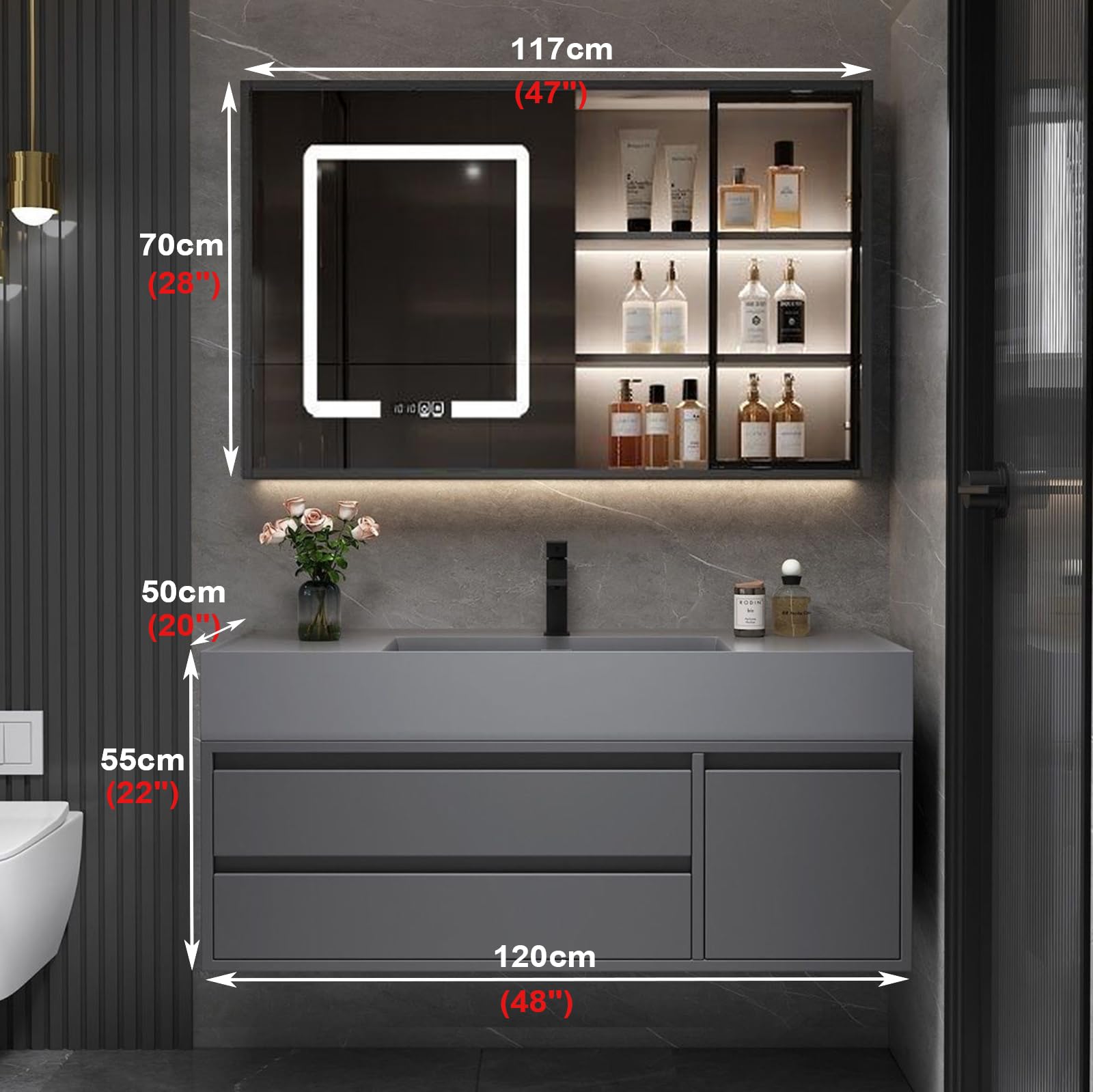 Set di Mobili da Bagno Lavabo con Mobiletto, Mobile Bagno Sospeso con Lavabo, con Armadietto A Specchio, con Lampada LEDGrey,120cm/47in