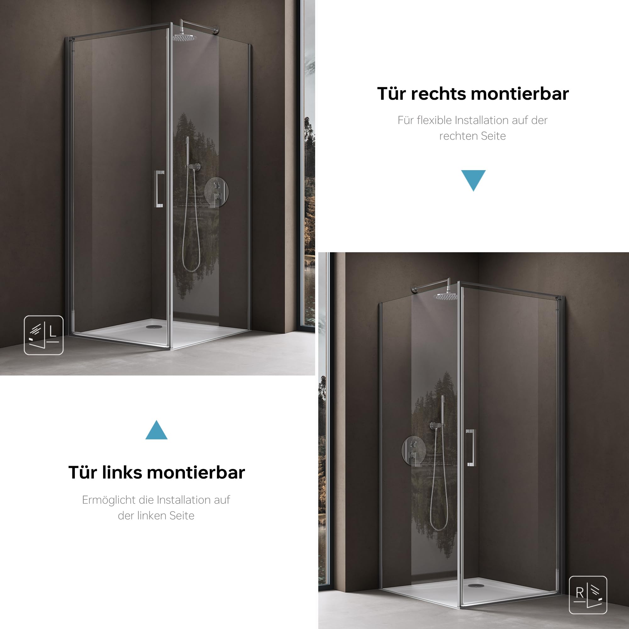 doporro Cabine de Douche en Angle Montage réversible 90x90x195 Paroi de Douche Design Ravenna36K-Plus Porte Pivotante Autolevante en Verre Transparant de 8mm