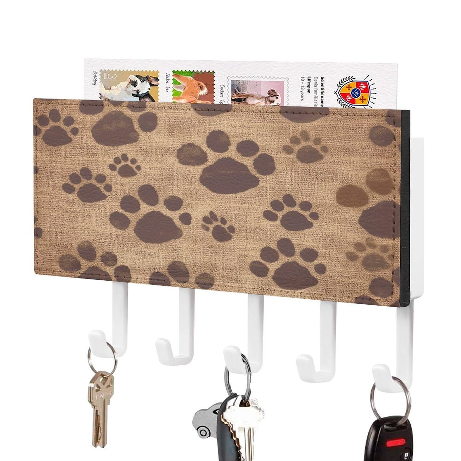 Fekiloot White-Style Paw Prints Art Key Holder Wall Mount Key Hanger With 5 Hooks Decorative Key Rack Hanging Key Hooks With Mail Organizer Key Holder For Wall Living Room Kitchen Bathroom Hallway White