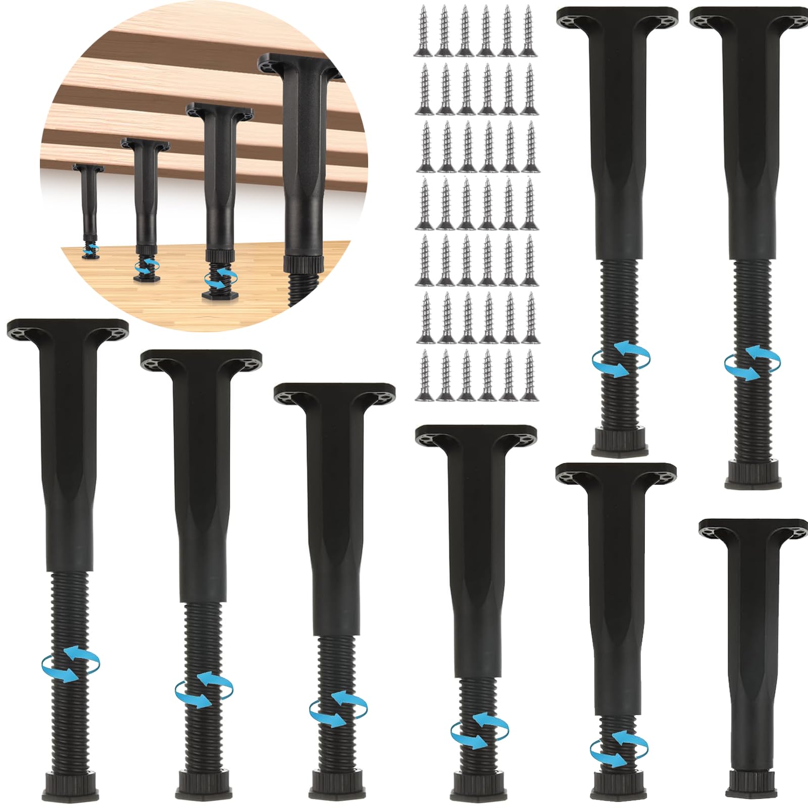 8PCS Bed Support Legs, 8.3-14.8 Inch Adjustable Bed Frame Support Legs for King Queen Bed Slats, Heavy Duty Bed Frame Legs for Sofa, Table, Cabinet and Wooden Furniture
