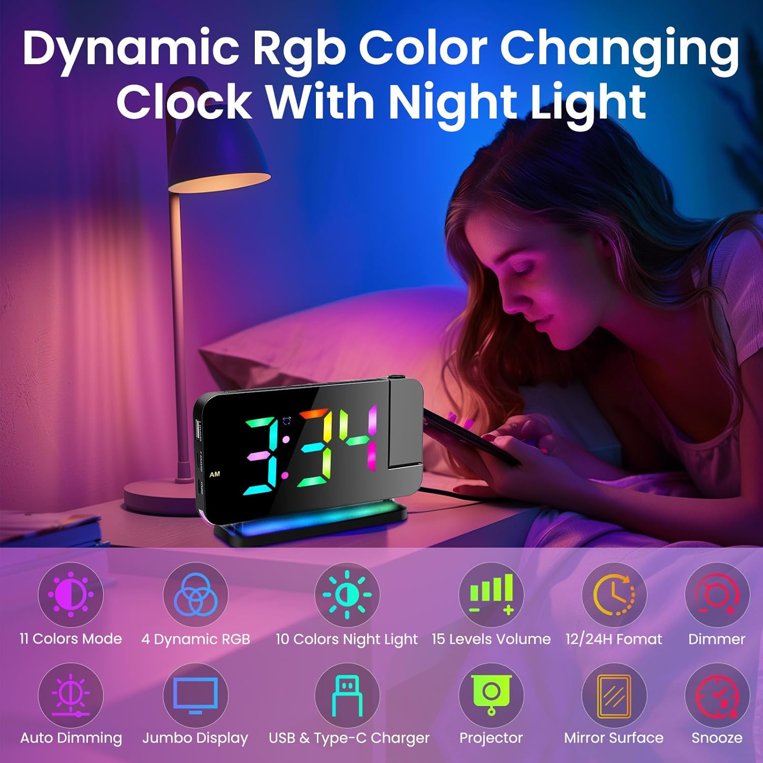 Digital Projection Alarm Clocks for Bedrooms,LED Mirror Digital Alarm Clocks with 180° Rotatable Projector, RGB Night Light,USB Charger Port, Auto Dimmer, Snooze function,FM radio function (Black)