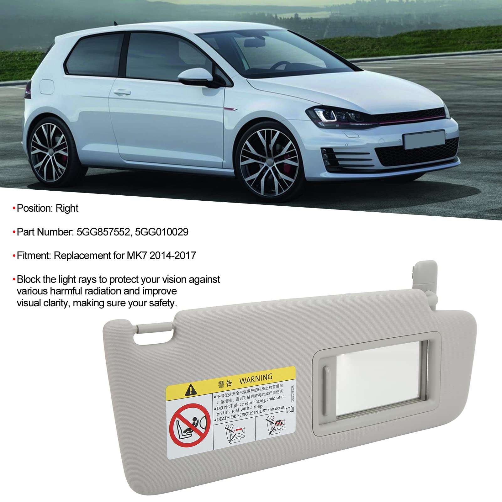 Aramox Aletta Parasole Destra, Visiera Parasole Interna Anteriore Auto Destra ABS Plastica Panno di Ricambio Grigio per MK7 2014‑2017 OE: 5GG857552