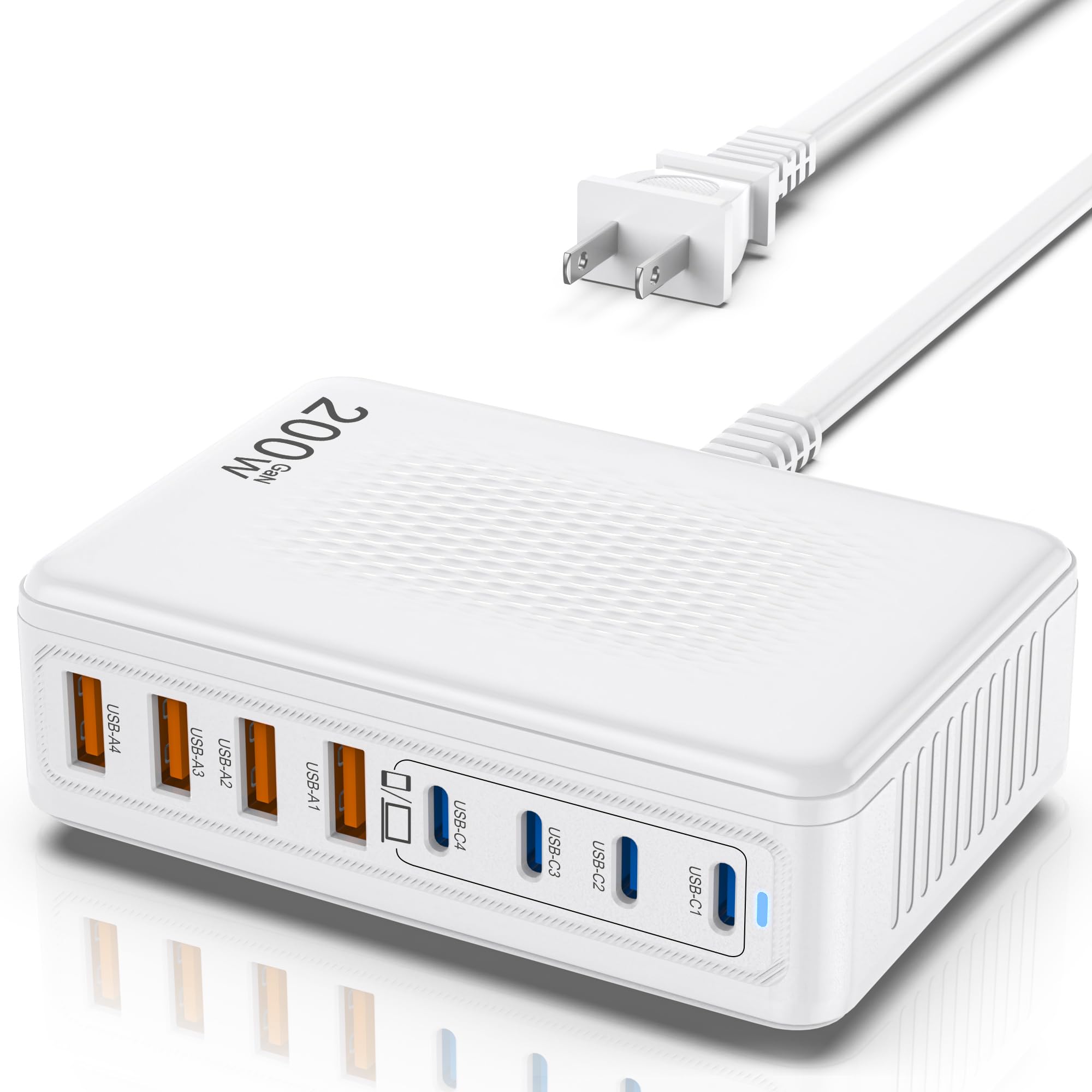 Bloque de carga USB C de 200 W, GaN III de 8 puertos, adaptador de carga rápida PD de 65 W para laptop compatible con todos los MacBook Pro/Air/iPad, DELL, iPhone /1716/15/14/13/Pro Max/Galaxy Pixel