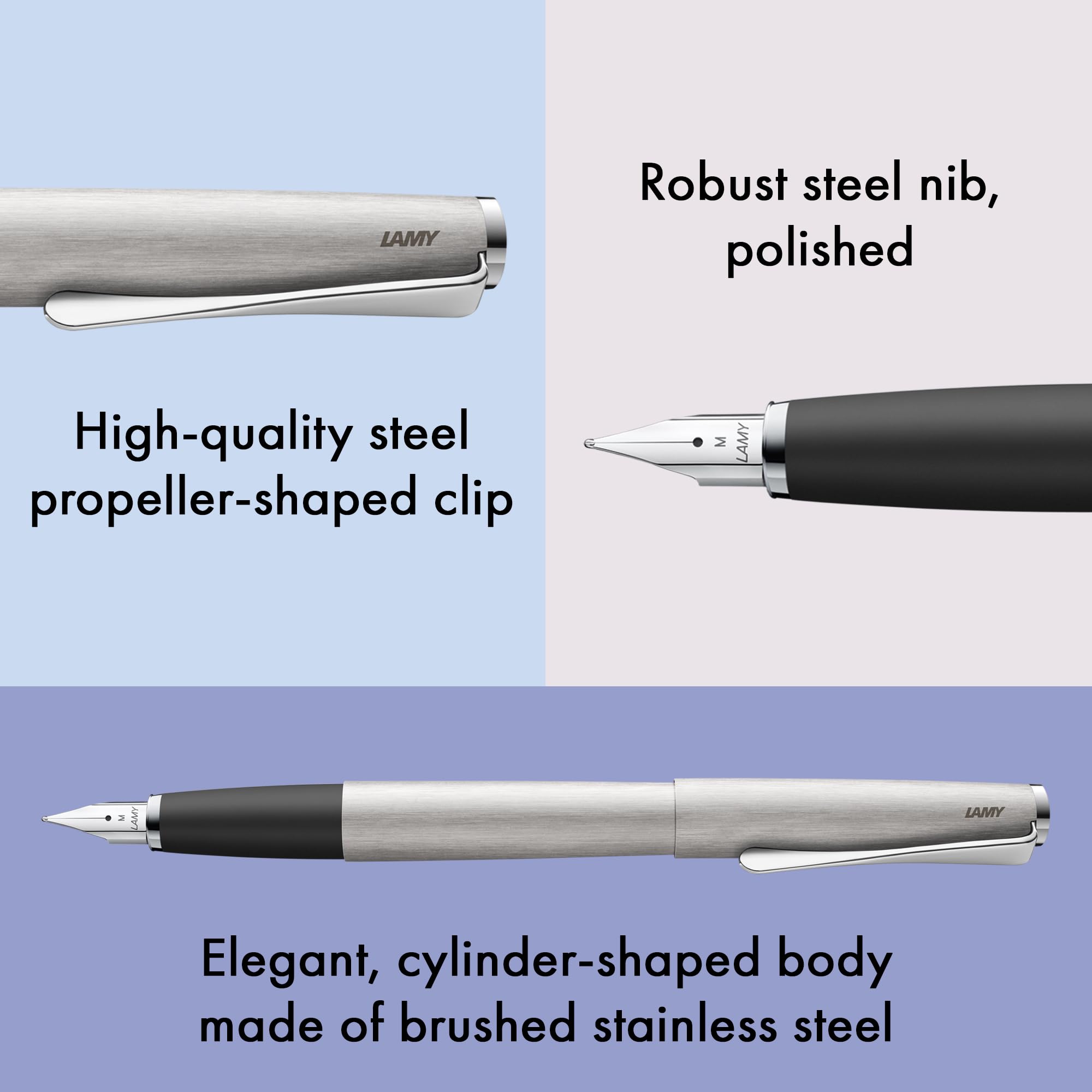 Lamy studio brushed pluma- cuerpo metálico elegante - clip helicoidal, plumín de acero en B - cartucho de tinta T 10 blue incl.