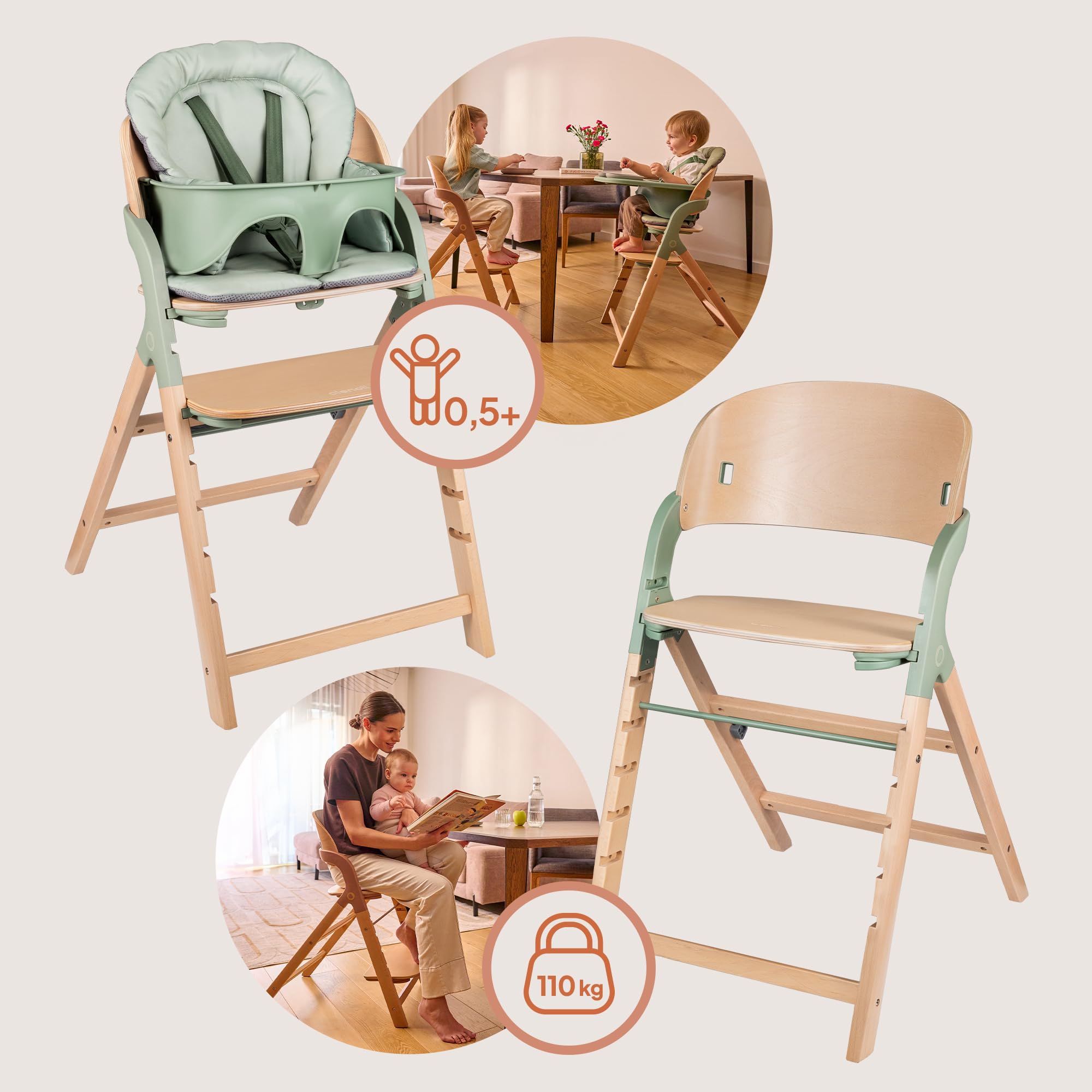 LIONELO Megan – Trona evolutiva de madera para bebé, crece con el niño desde 6 meses hasta 110 kg, reposapiés regulable, arnés 5 puntos, cojín lavable, fácil de limpiar