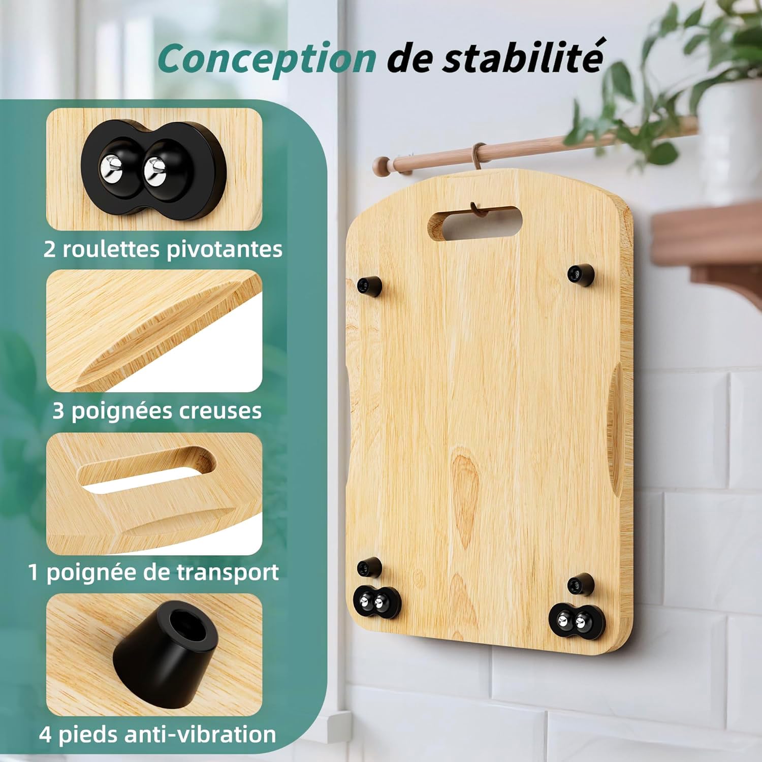Planche Coulissante pour Thermomix TM6/TM5, Planche Support pour Thermomix avec Roulettes Double Roulement, Poignée Ergonomique, Glissement Silencieux, Surface Anti-Rayures, Bois Naturel