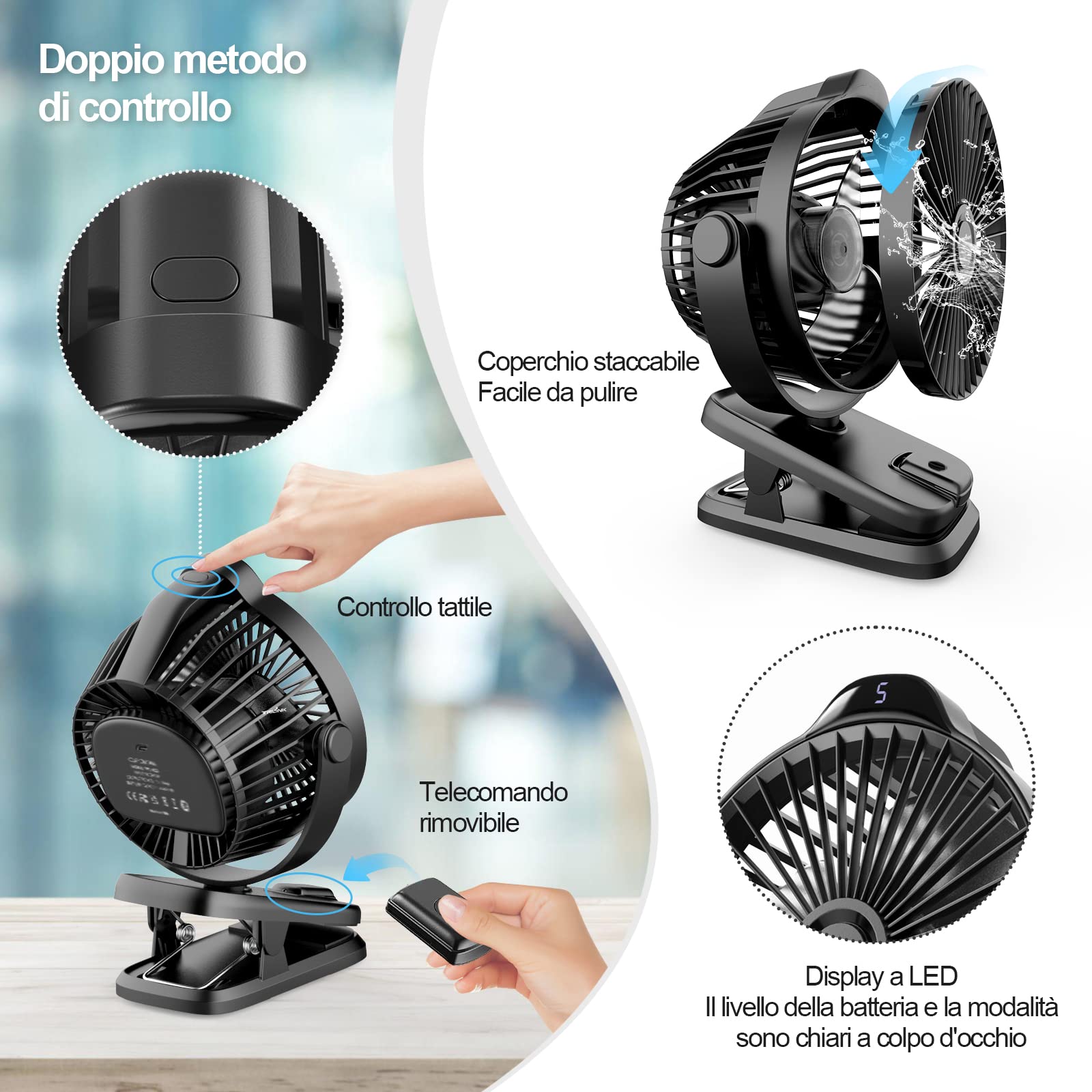 8000 mAh USB Ventilatore da tavolo piccolo con clip, telecomando, display a LED, 5 velocità 360° Rotante, portatile ventilatore a batteria ricaricabile, silenzioso mini fan per ufficio casa campeggio