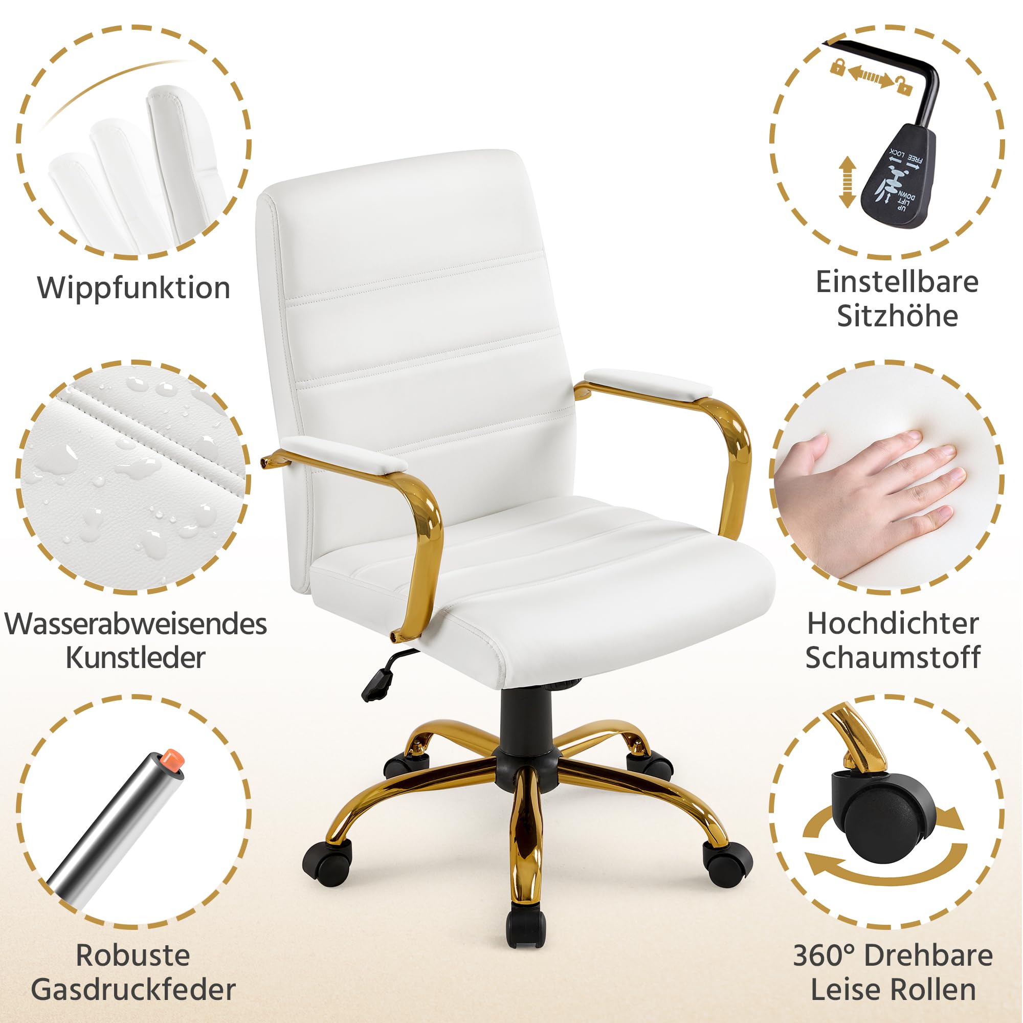 Yaheetech Schreitischstuhl Home-Office Stuhl mit Armlehnen Weiß/Golden | Ergonomisch Bürostuhl Drehstuhl mit Rollen Arbeitsstuhl mit Rückenlehne für Büro/ Arbeitszimmer