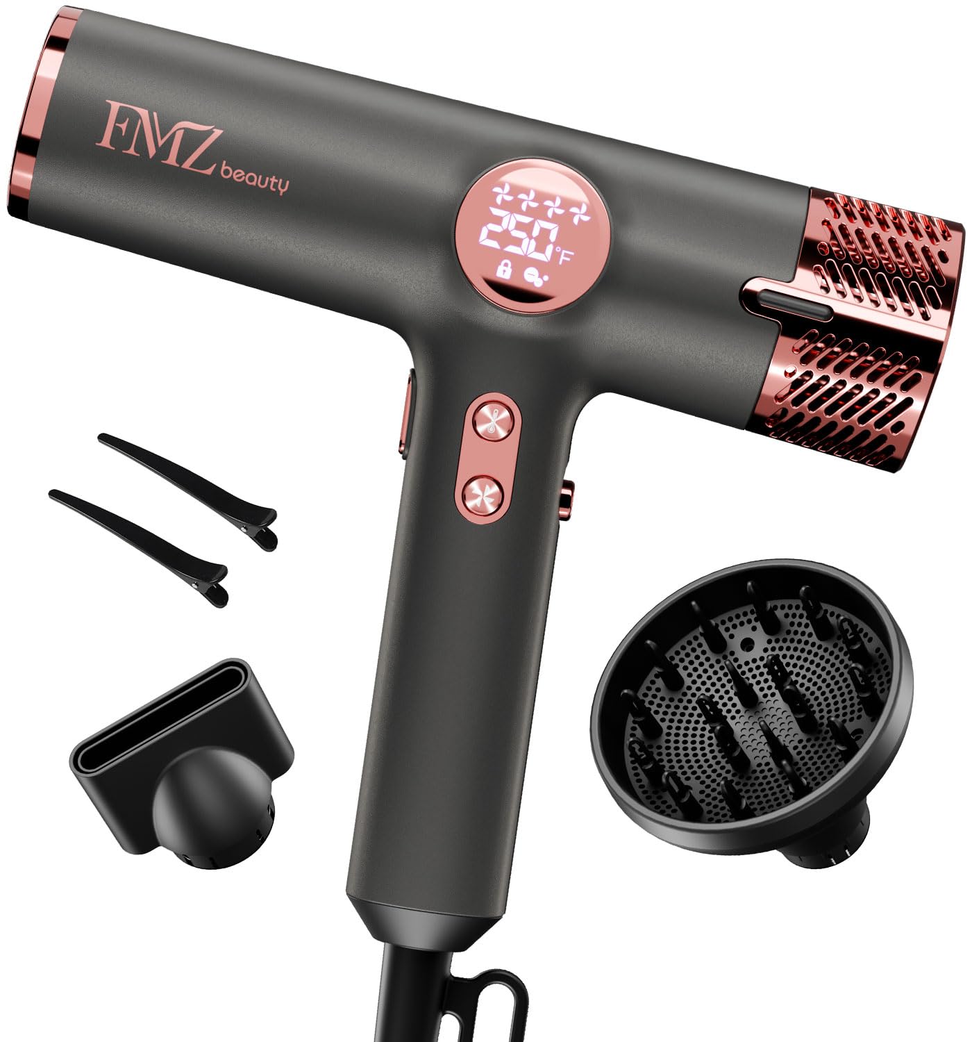 FMZ Professional Hair Blow Dryer with Diffuser 1875W High Speed Brushless Motor for Fast Drying Smart Display Portable