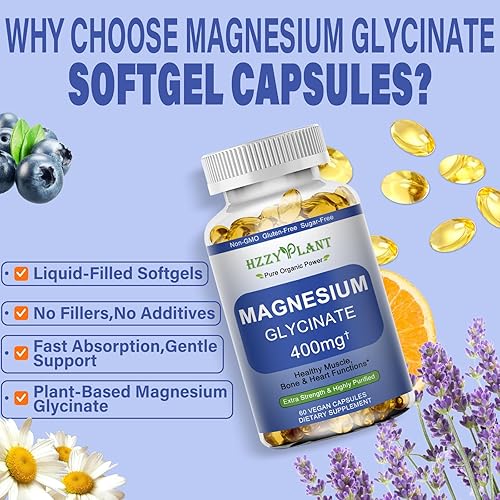 Miniatura 3 de Cápsulas blandas de glicinato de magnesio, suplemento de glicinato de magnesio de alta absorción de 400 mg para apoyo muscular, corazón, sueño y