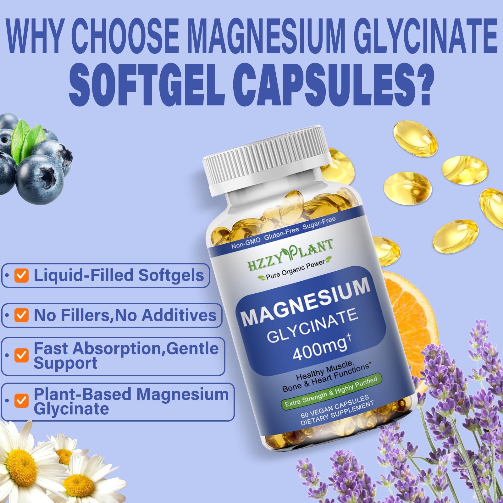 Magnesium Glycinate Softgels, High Absorption Magnesium Glycinate 400mg Supplement for Muscle, Heart, Sleep & Bone Support, Bisglycinate Softgel Capsules Supplement, Vegan, Non-GMO, 2 Month Supply — Amazon image 3
