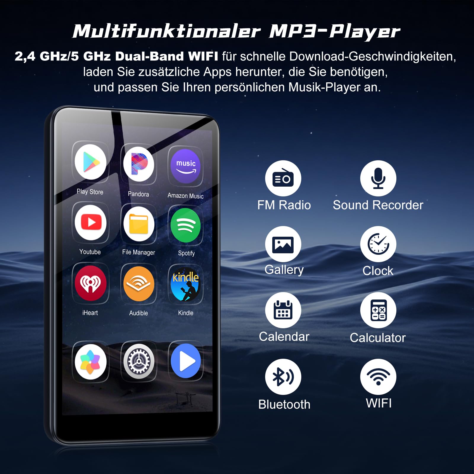 Diofox M9 160GB MP3 Player mit Bluetooth und WLAN, Android 13, 4,02 Zoll | MP3 Player mit Lautsprecher, Play Store, Spotify, Amazon Music, Deezer, FM Radio, HiFi Klang, 2000mAh, Tragbarer Musikplayer