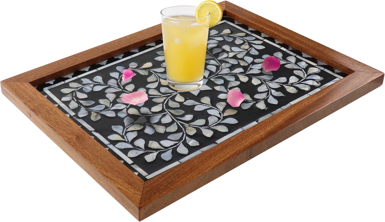 Wooden Serving Tray with Mother of Pearl Inlay, Rectangular Handcraft Boho Wall Decor Ottoman Tray for Breakfast Snack Fruit Aroma Coffee Table Home Decoration (Black Wicker Butterfly)