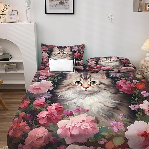 Miniatura 10 de California King Sheet Sets - Cat Bed Sheets, Cute Kitten and Cherry Blossom Bedding Sheets & Pillowcases, Soft & Deep Pocket & Wrinkle Free Sheet