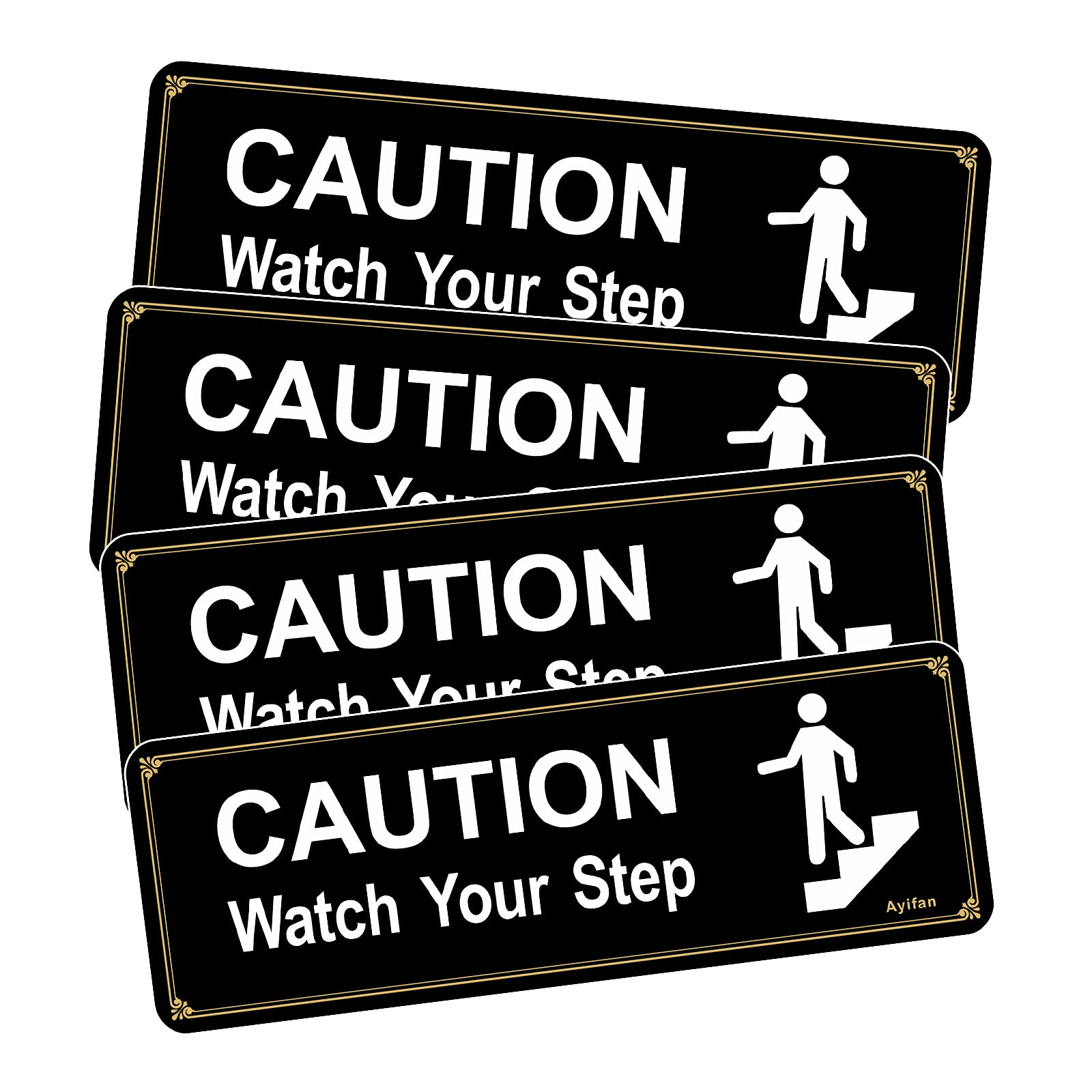 Ayifan 4 Pack Caution Watch Your Step Sign for floor, Acrylic with Symbols 3M Self-adhesive for Home and Business Restaurants Offices 9"x3" Black Gold Easy to Mount Outdoor or Indoor Use Black