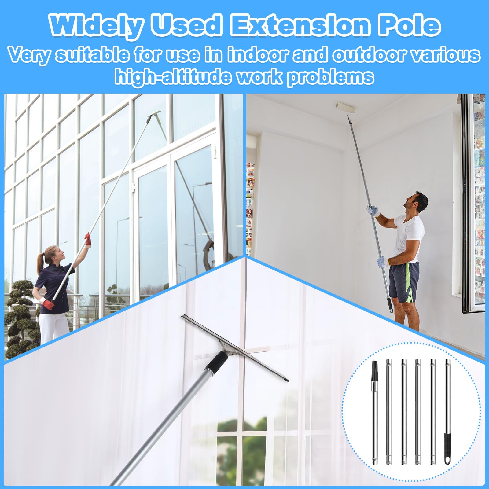 2.2M Kit Manche Telescopique avec Poignée PP, Perche Nettoyage Toiture Acier Inoxydable, Brosse Nettoyer Gouttière Extension, Canne Extensible Vitres 6 Segments pour Rouleau Peinture